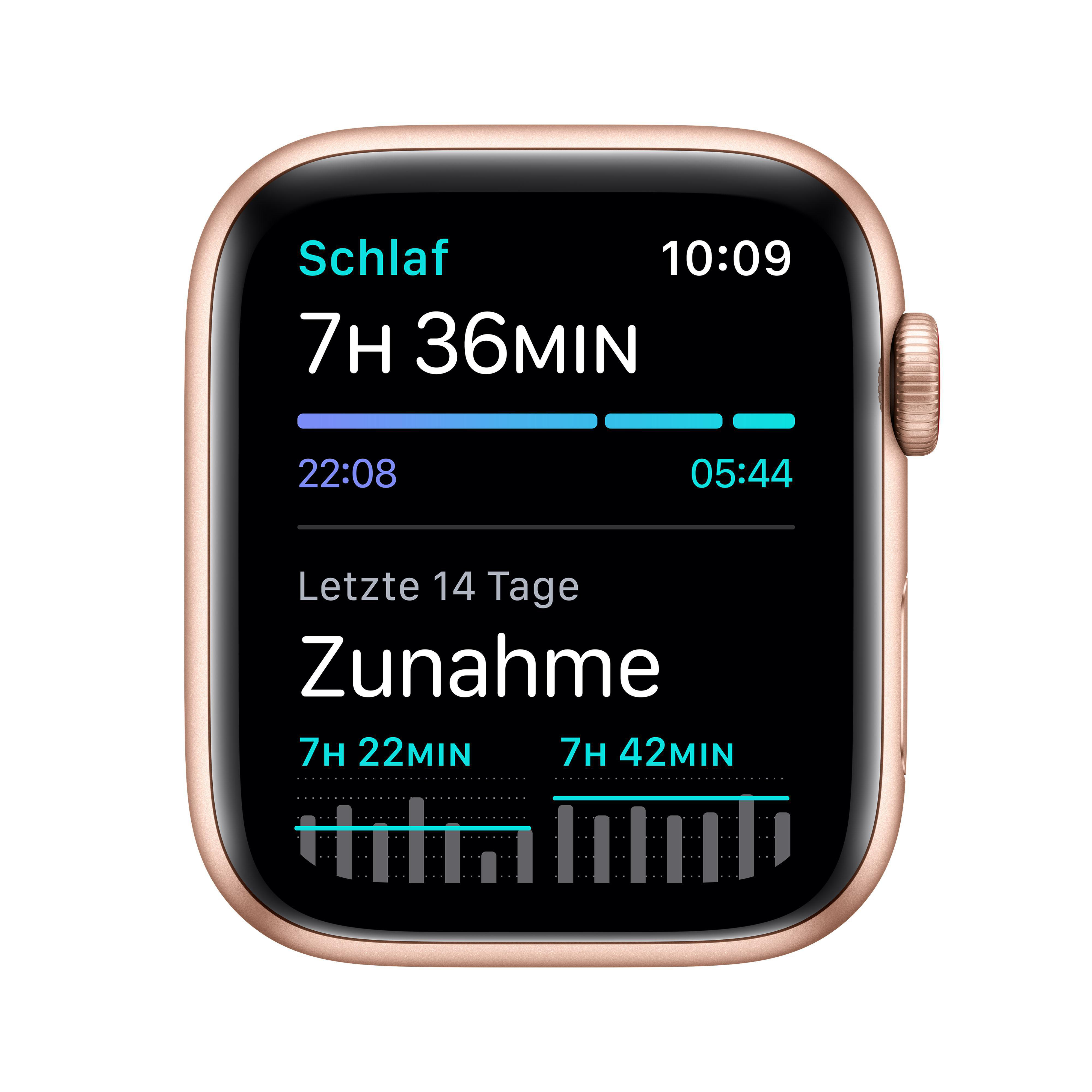 APPLE Watch SE (GPS + Cellular) 44mm Smartwatch Aluminium Nylon, 145 - 220 mm, Armband: Pflaume, Gehäuse: Gold