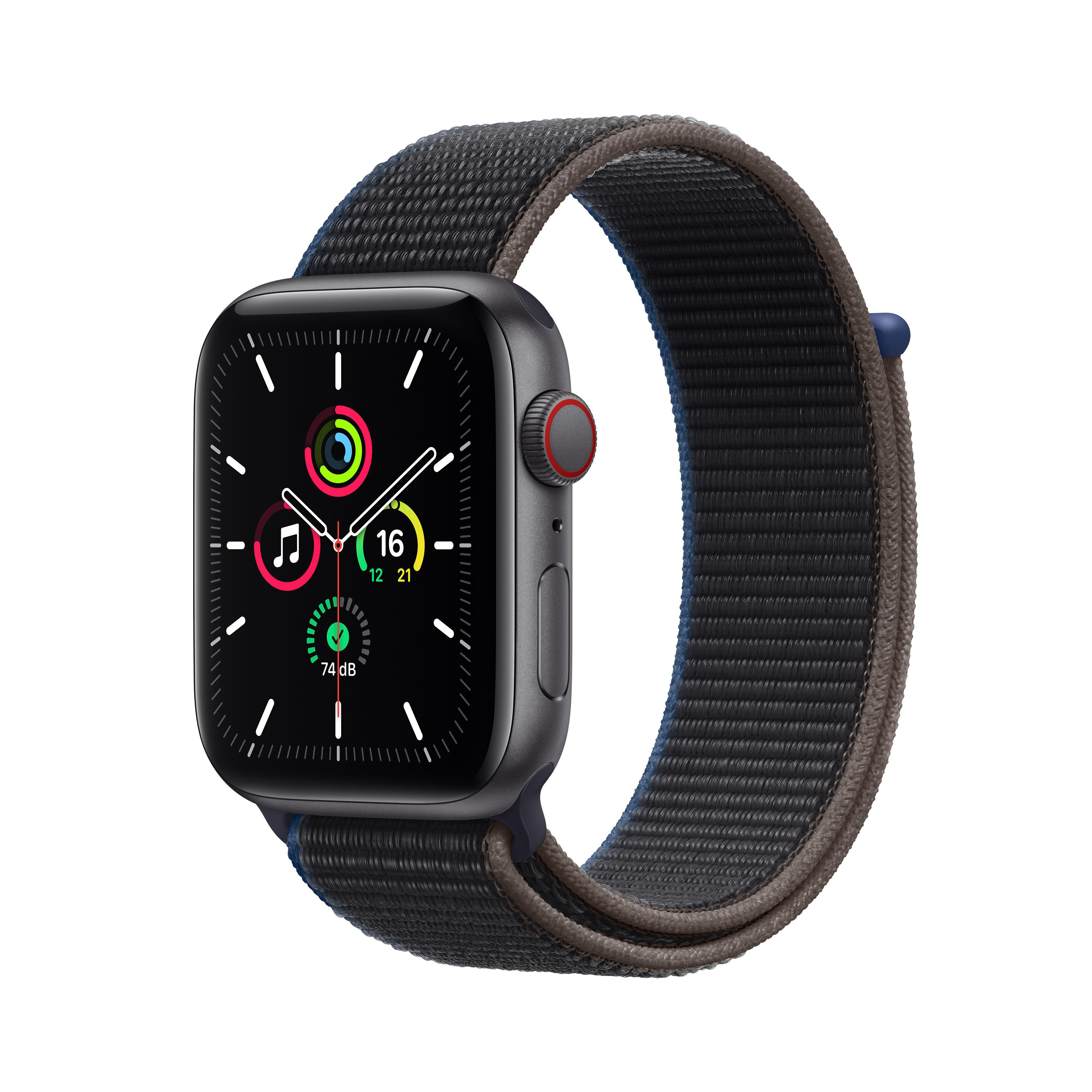APPLE Watch SE (GPS + Cellular) 44mm Smartwatch Aluminium Nylon, 145 - 220 mm, Armband: Kohlegrau, Gehäuse: Space Grau