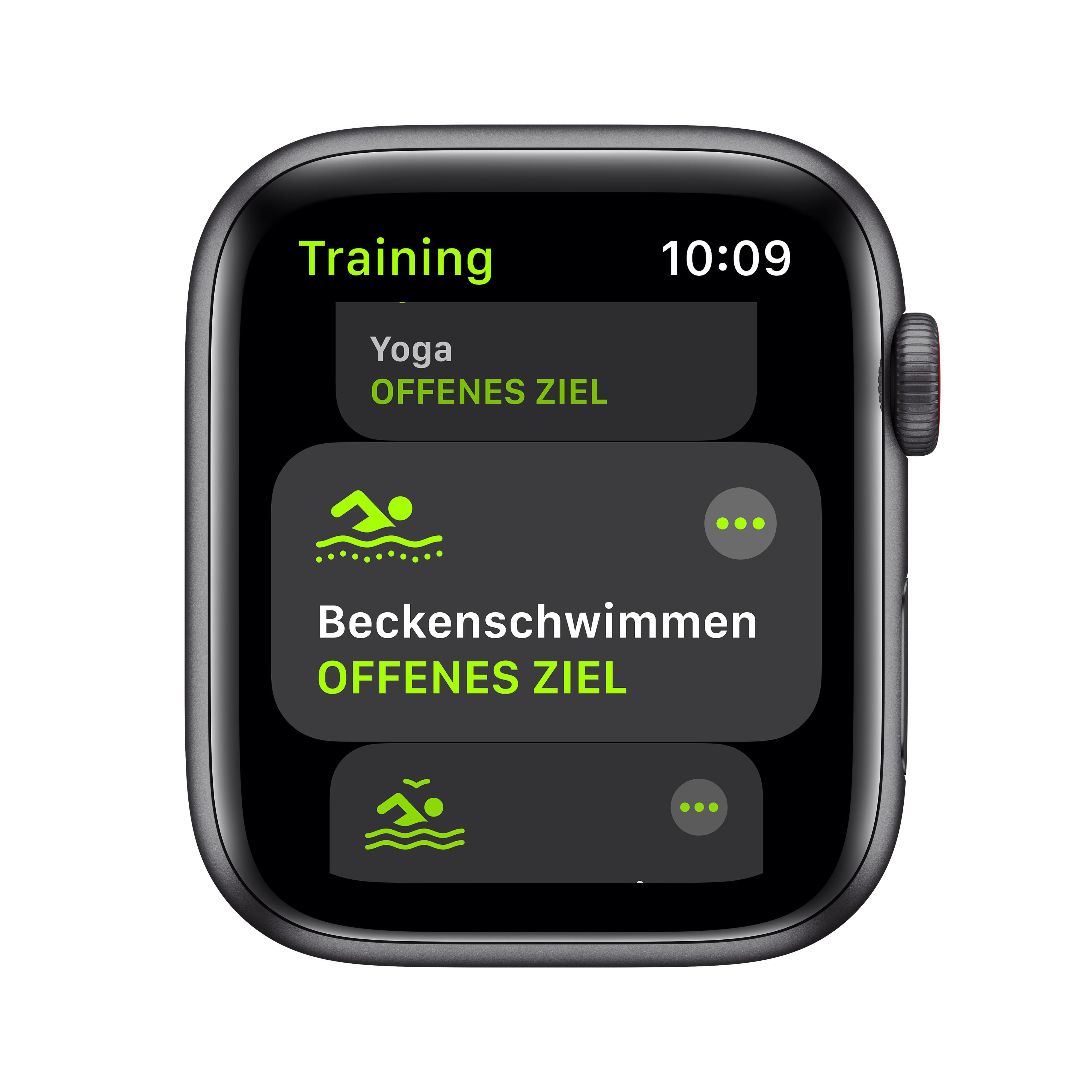 APPLE Watch SE (GPS + Cellular) 44mm Smartwatch Aluminium Fluorelastomer, 140 - 210 mm, Armband: Schwarz, Gehäuse: Space Grau