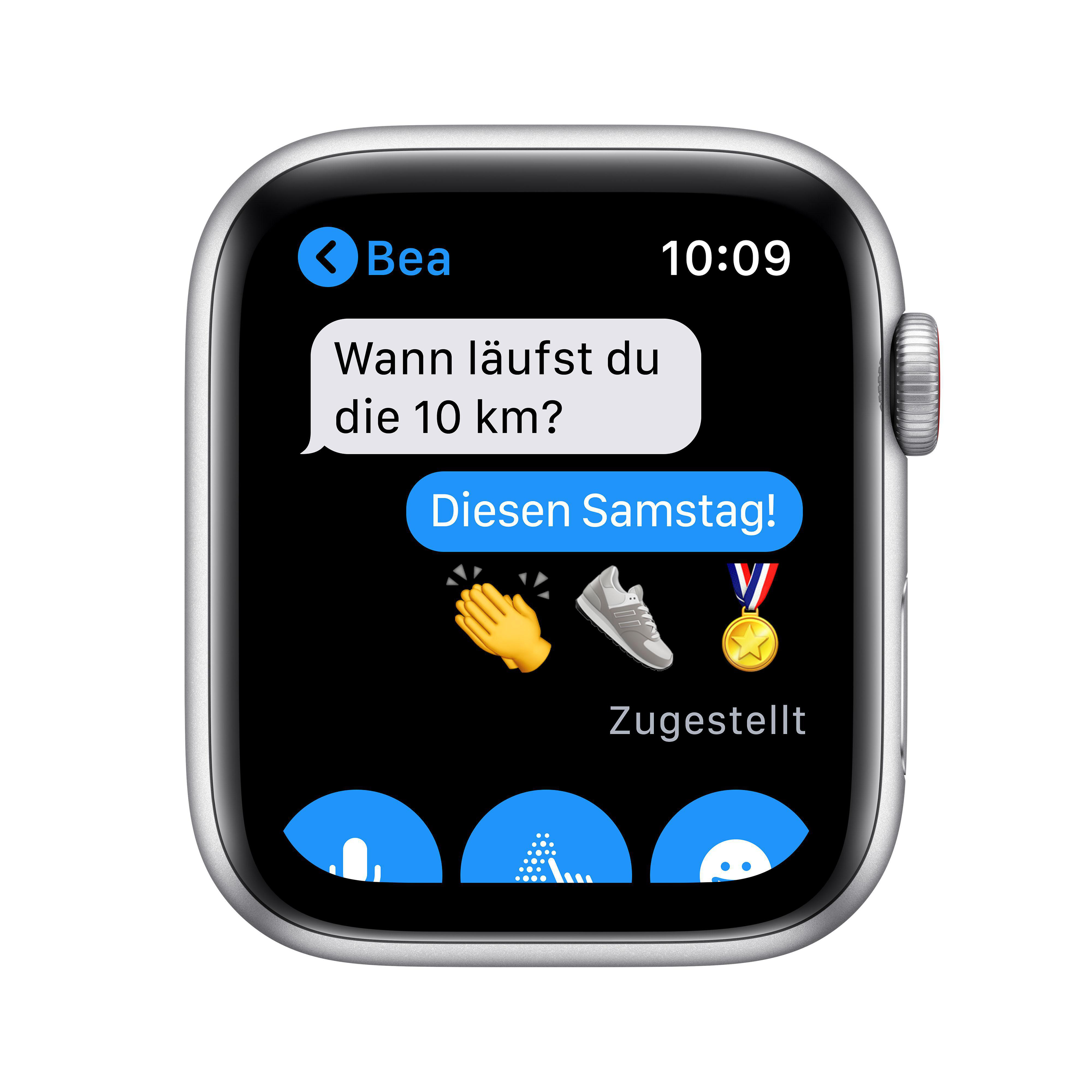 APPLE Watch SE (GPS + Cellular) 44mm Smartwatch Aluminium Fluorelastomer, 140 - 220 mm, Armband: Weiß, Gehäuse: Silber