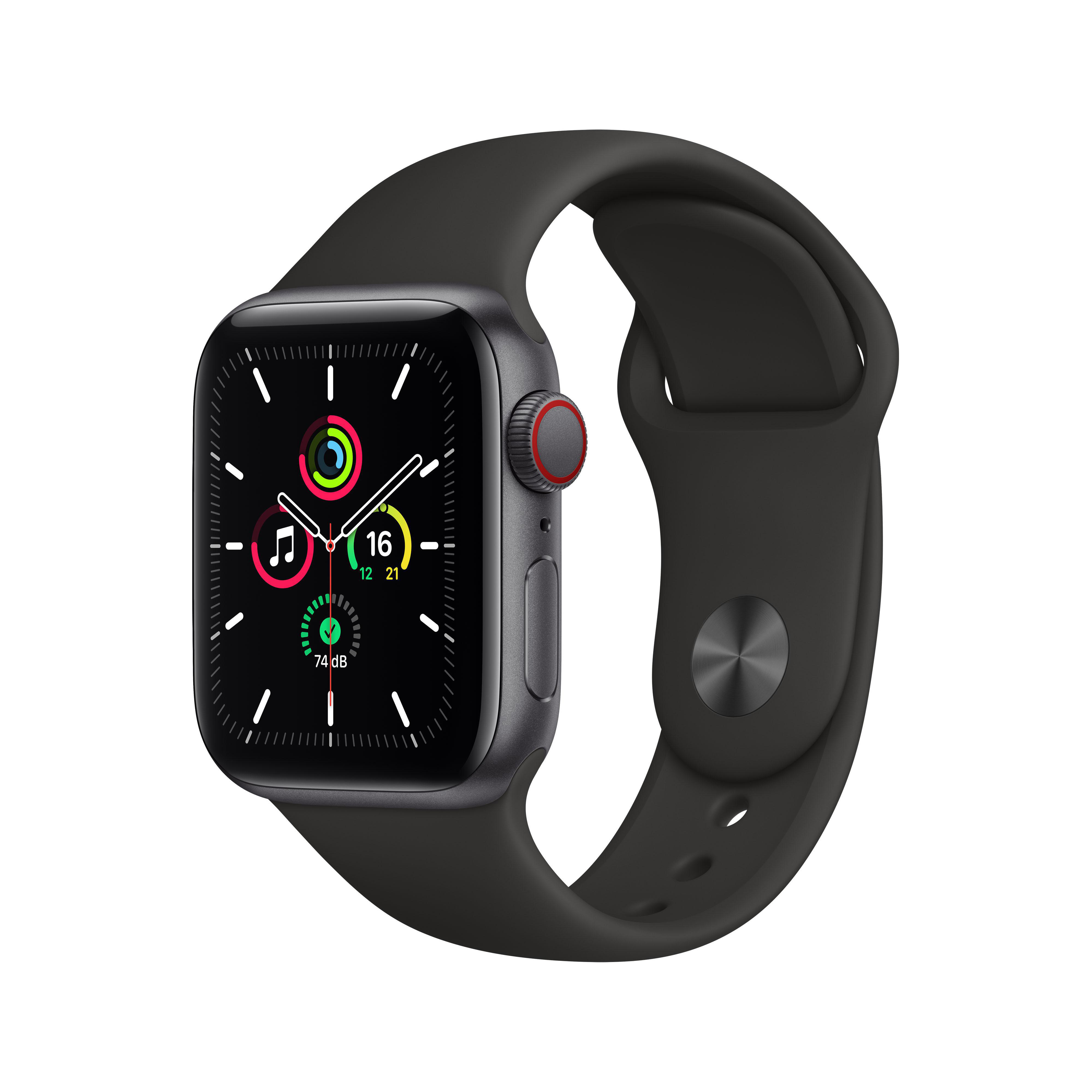 APPLE Watch SE (GPS + Cellular) 40mm Smartwatch Aluminium Fluorelastomer, 130 - 200 mm, Armband: Schwarz, Gehäuse: Space Grau