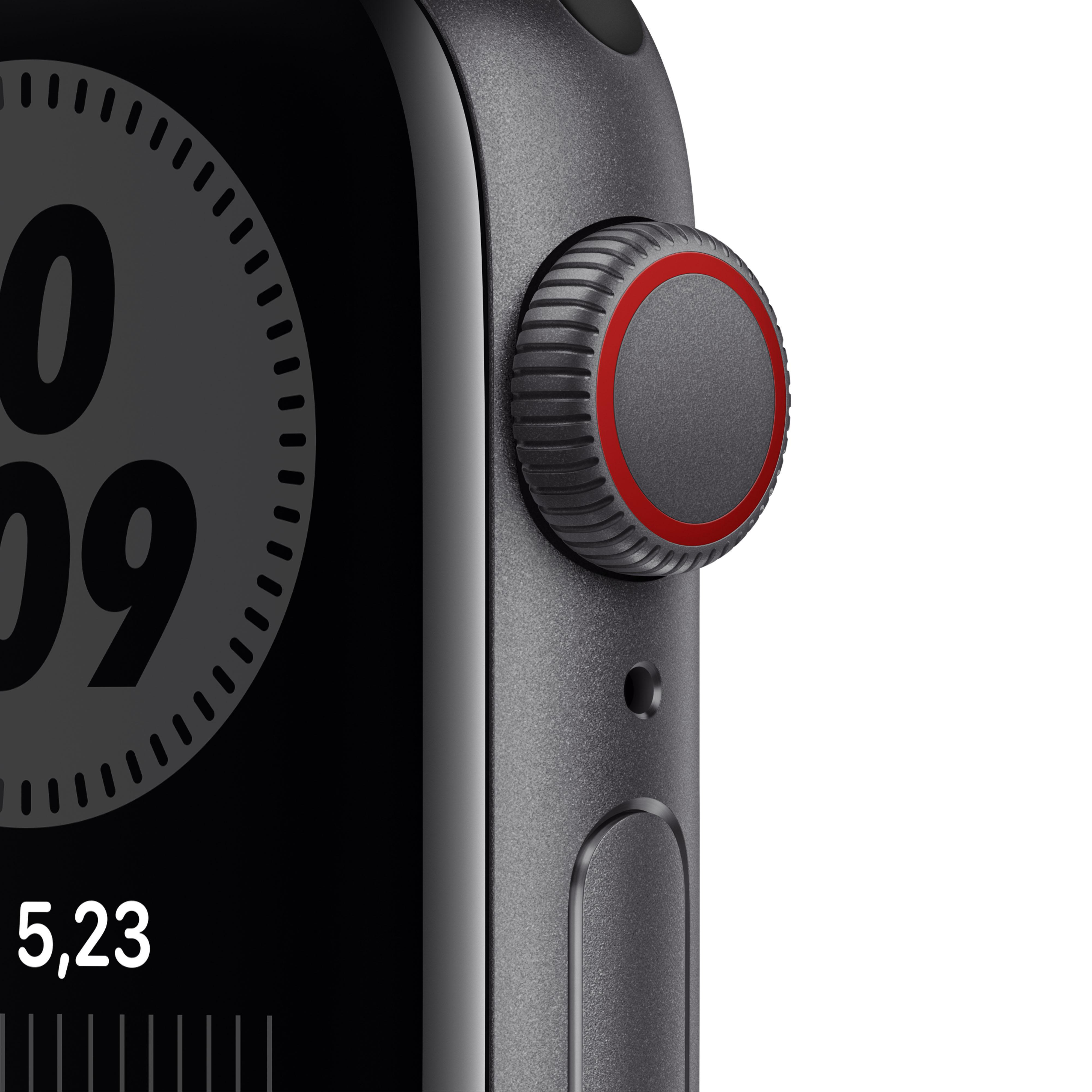 APPLE Watch SE Nike (GPS + Cellular) 40mm Smartwatch Fluorelastomer, 130 - 200 mm, Space Grau/Schwarz