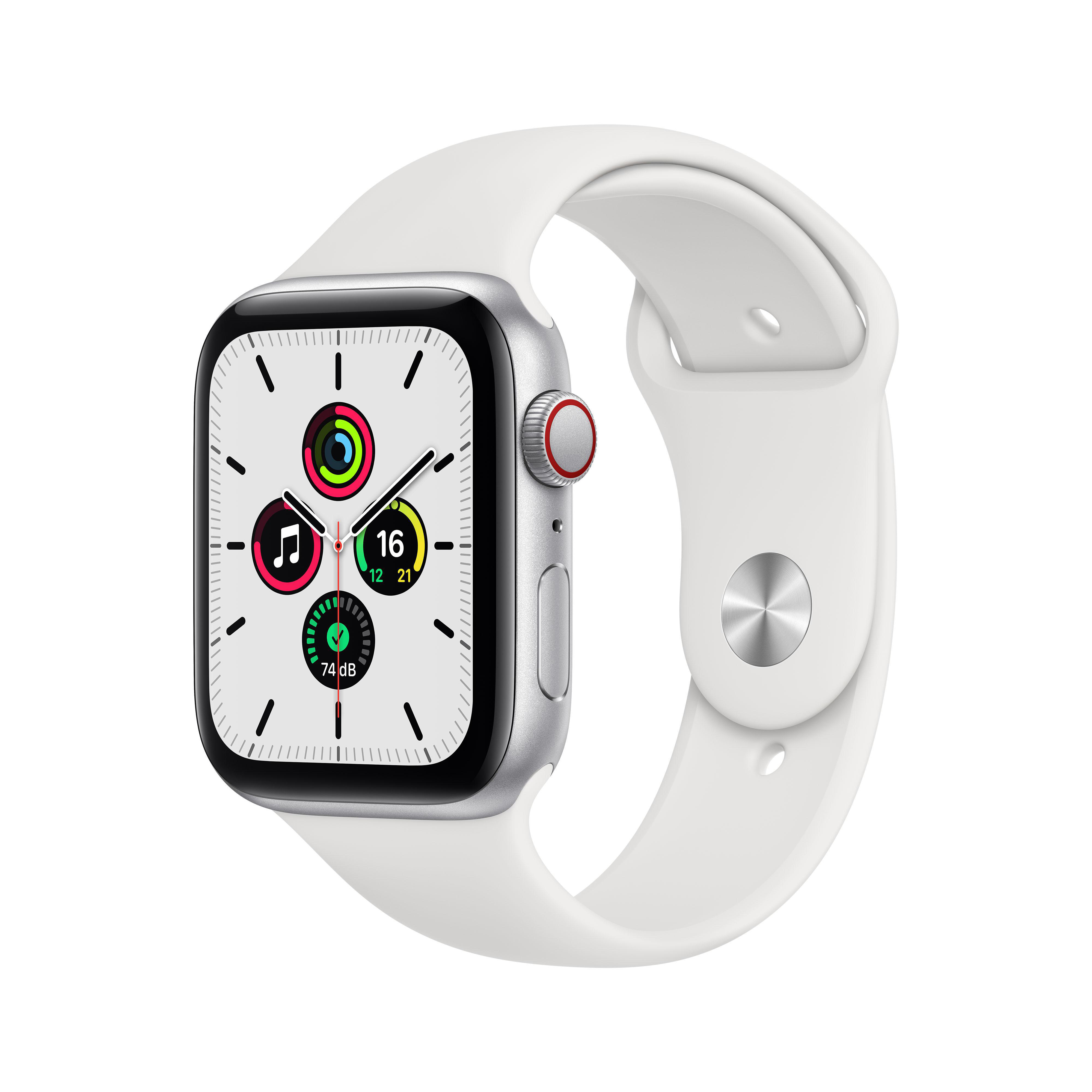 APPLE Watch SE (GPS + Cellular) 44mm Smartwatch Aluminium Fluorelastomer, 140 - 220 mm, Armband: Weiß, Gehäuse: Silber