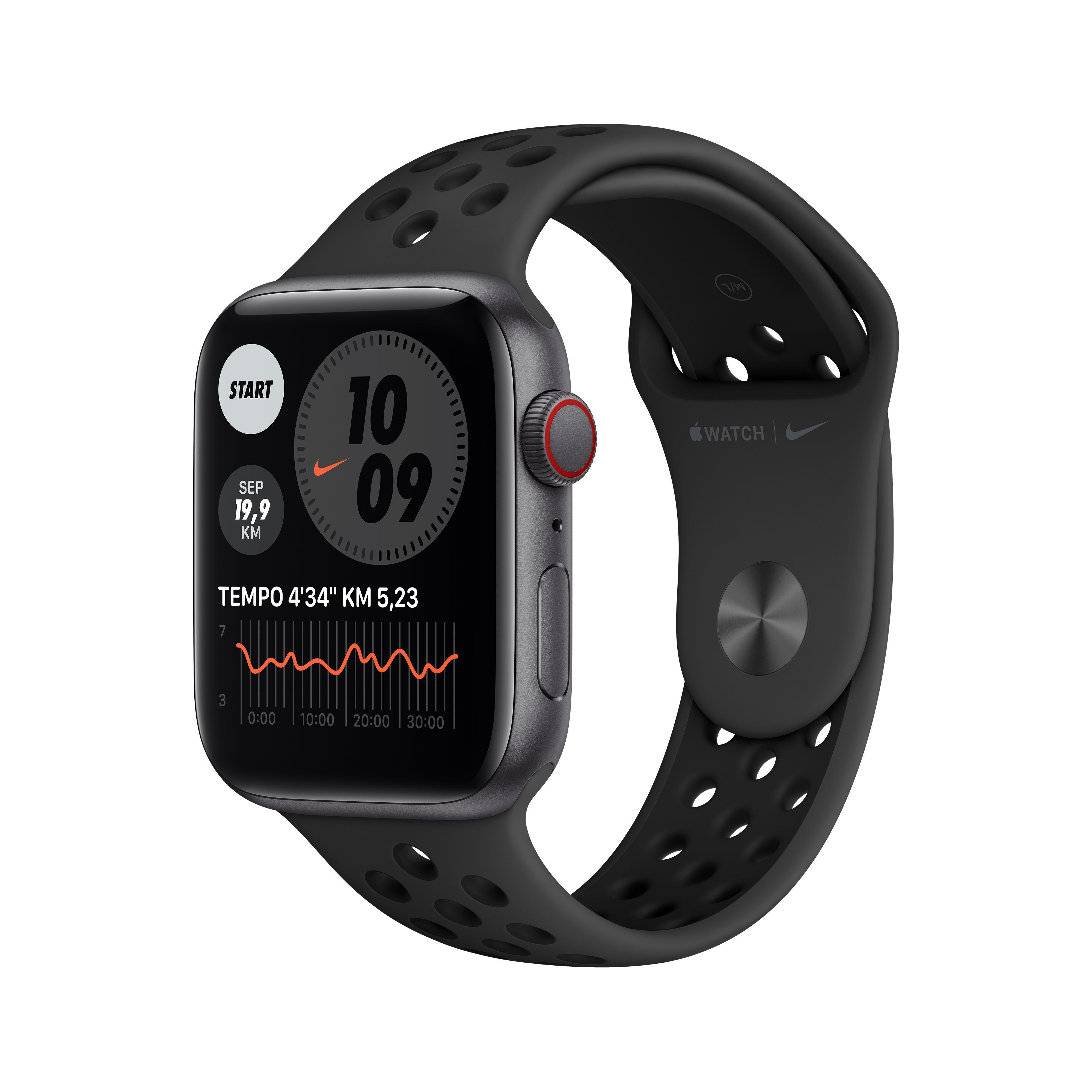 APPLE Watch SE Nike (GPS + Cellular) 44mm Smartwatch Fluorelastomer, 140 - 220 mm, Space Grau/Schwarz