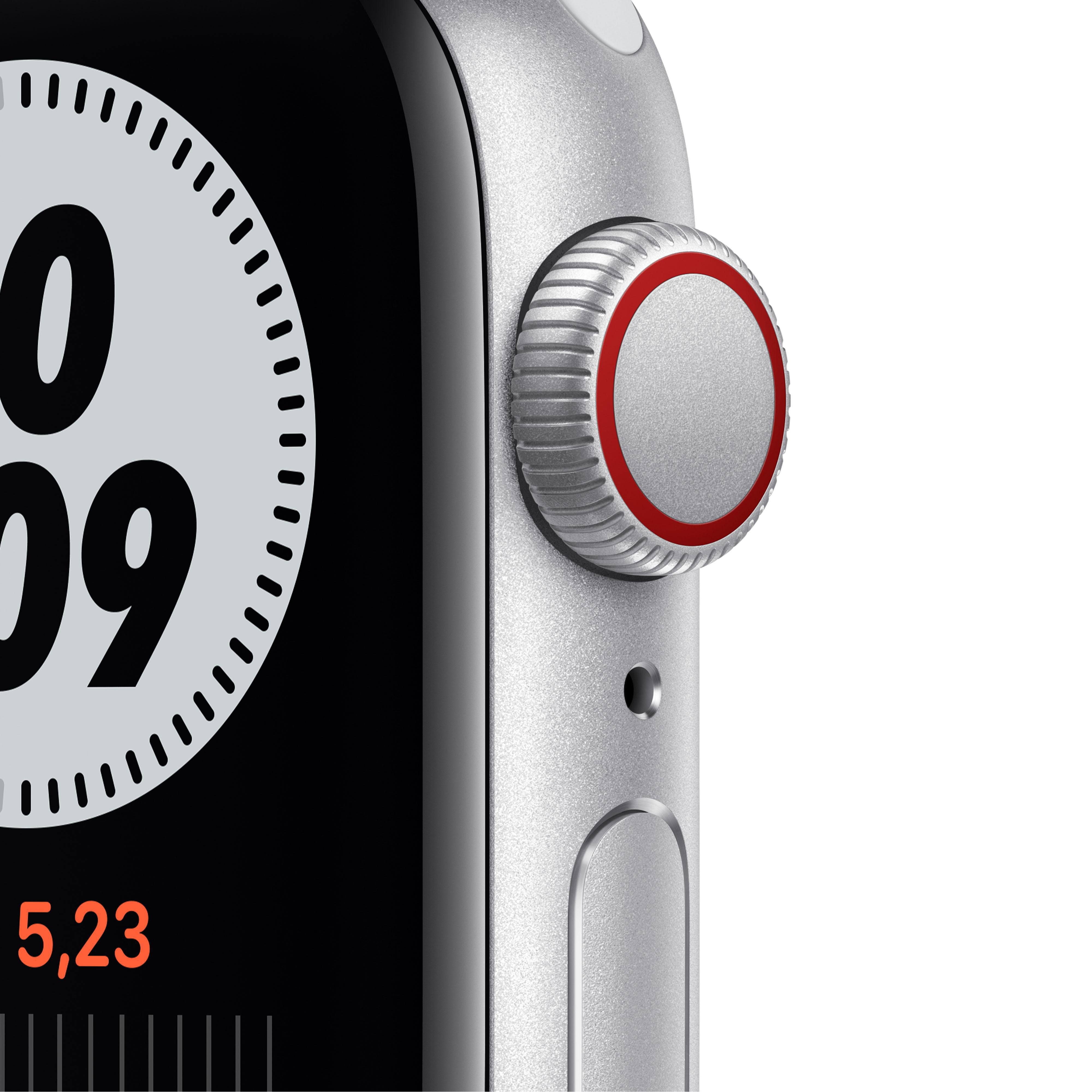 APPLE Watch SE Nike (GPS + Cellular) 40mm Smartwatch Fluorelastomer, 130 - 200 mm, Silber/Schwarz