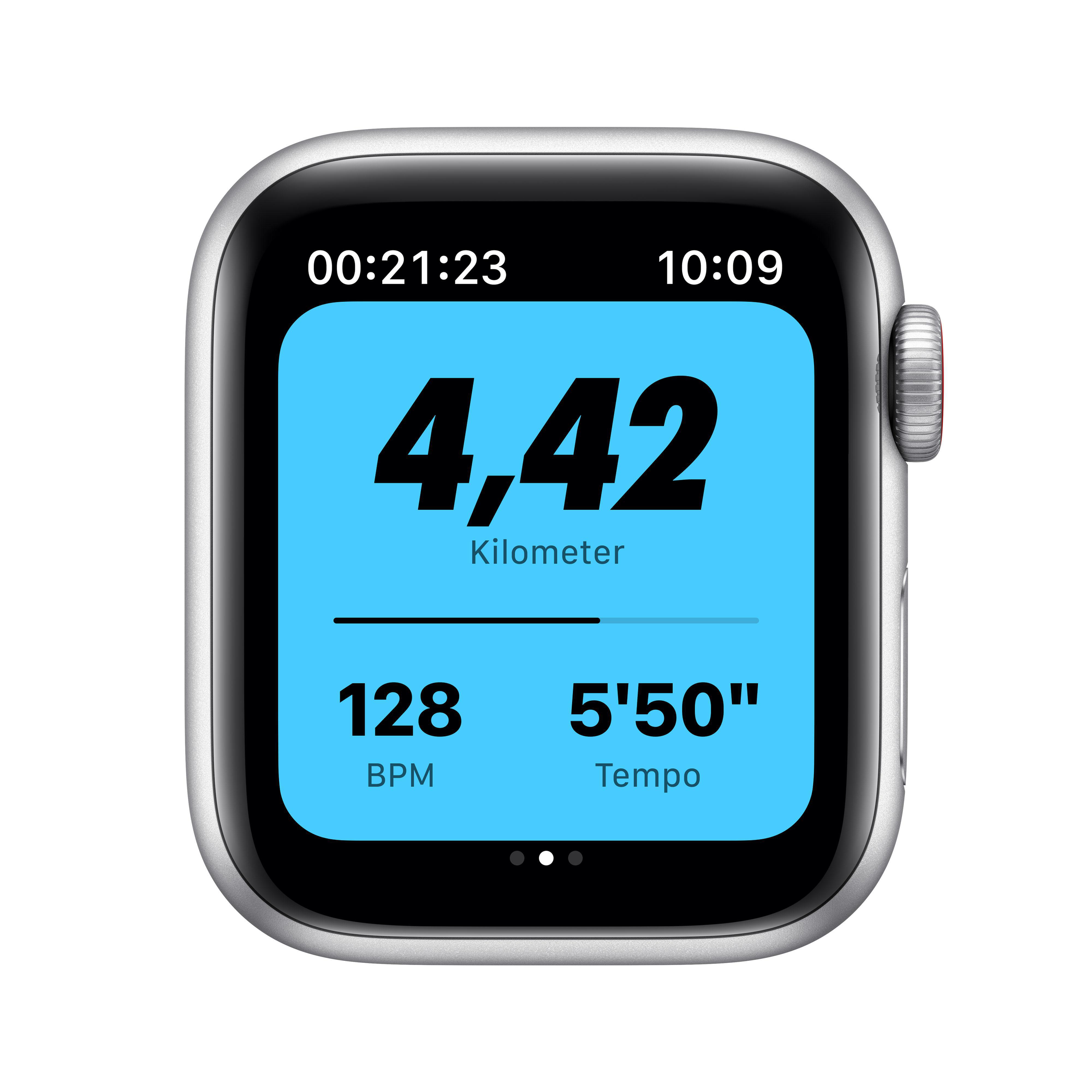 APPLE Watch SE Nike (GPS + Cellular) 40mm Smartwatch Fluorelastomer, 130 - 200 mm, Silber/Schwarz