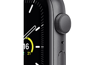 APPLE Watch SE (GPS), 44 mm Aluminiumgehäuse Space Grau, Sportarmband Schwarz Smartwatch Fluorelastomer, 140 - 220 mm, Space Grau/Schwarz