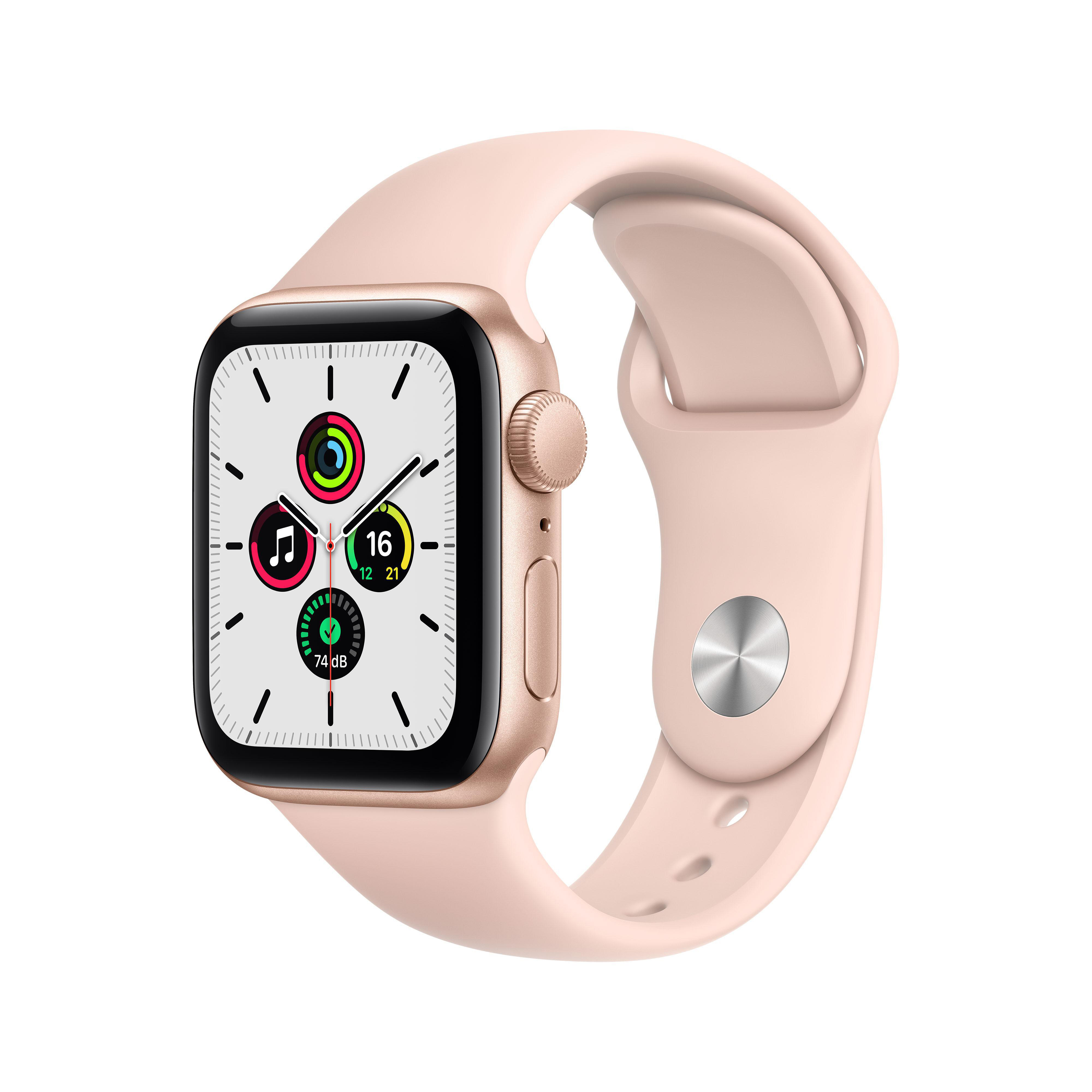 APPLE Watch SE (GPS), 40 mm Aluminiumgehäuse Gold, Sportarmband Sandrosa Smartwatch Fluorelastomer , 130 - 200 mm, Gold/Sandrosa
