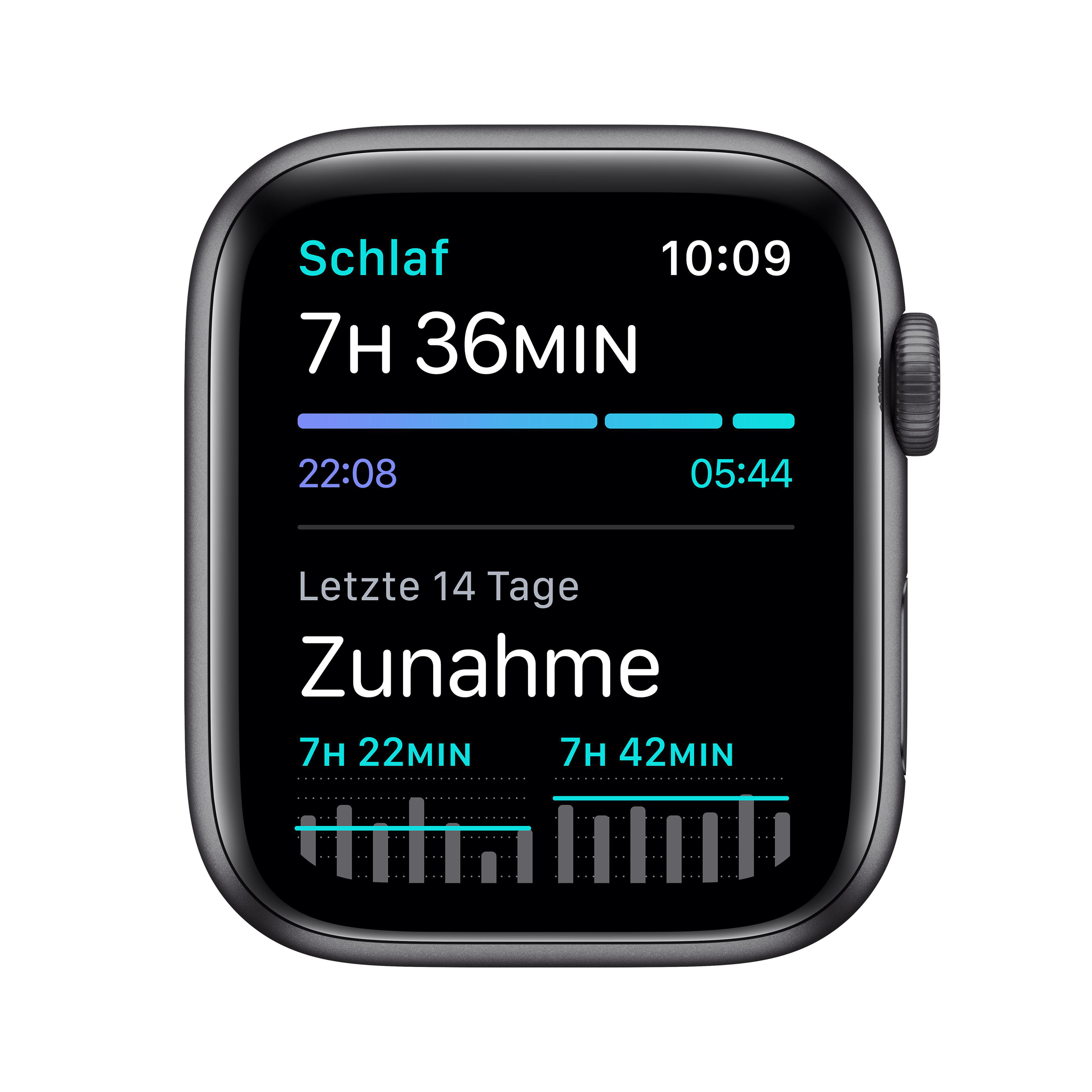 APPLE Watch SE Nike (GPS) 44mm Smartwatch Fluorelastomer, 140 - 220 mm, Space Grau /Schwarz