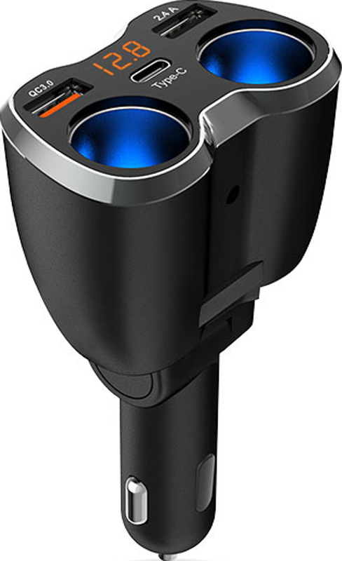 Caricabatterie per auto nero con più porte e display digitale, lettura 12,8 V e porta Type-C.
