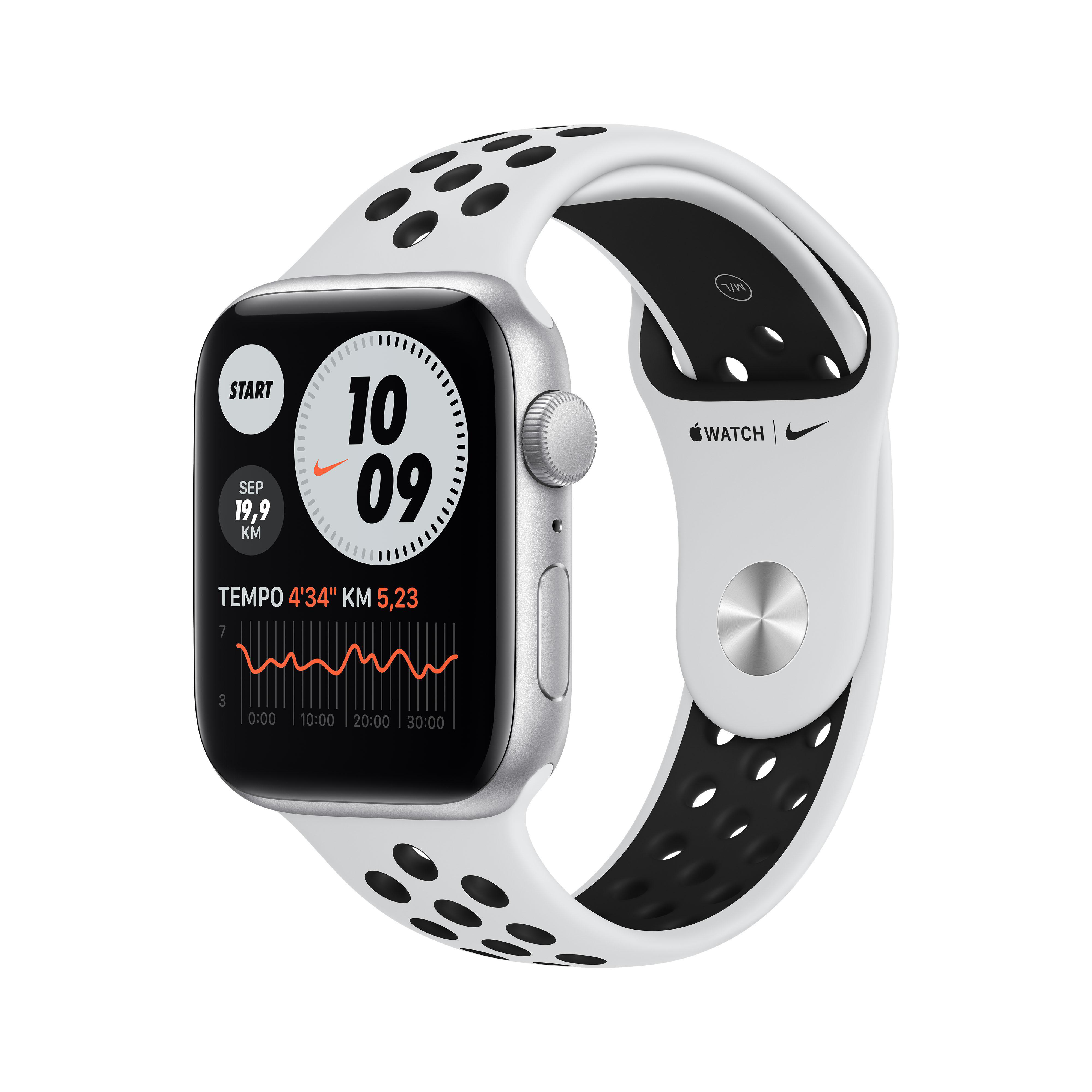 APPLE Watch SE Nike (GPS) 44mm Smartwatch Fluorelastomer, 140 - 220 mm, Silber/Schwarz