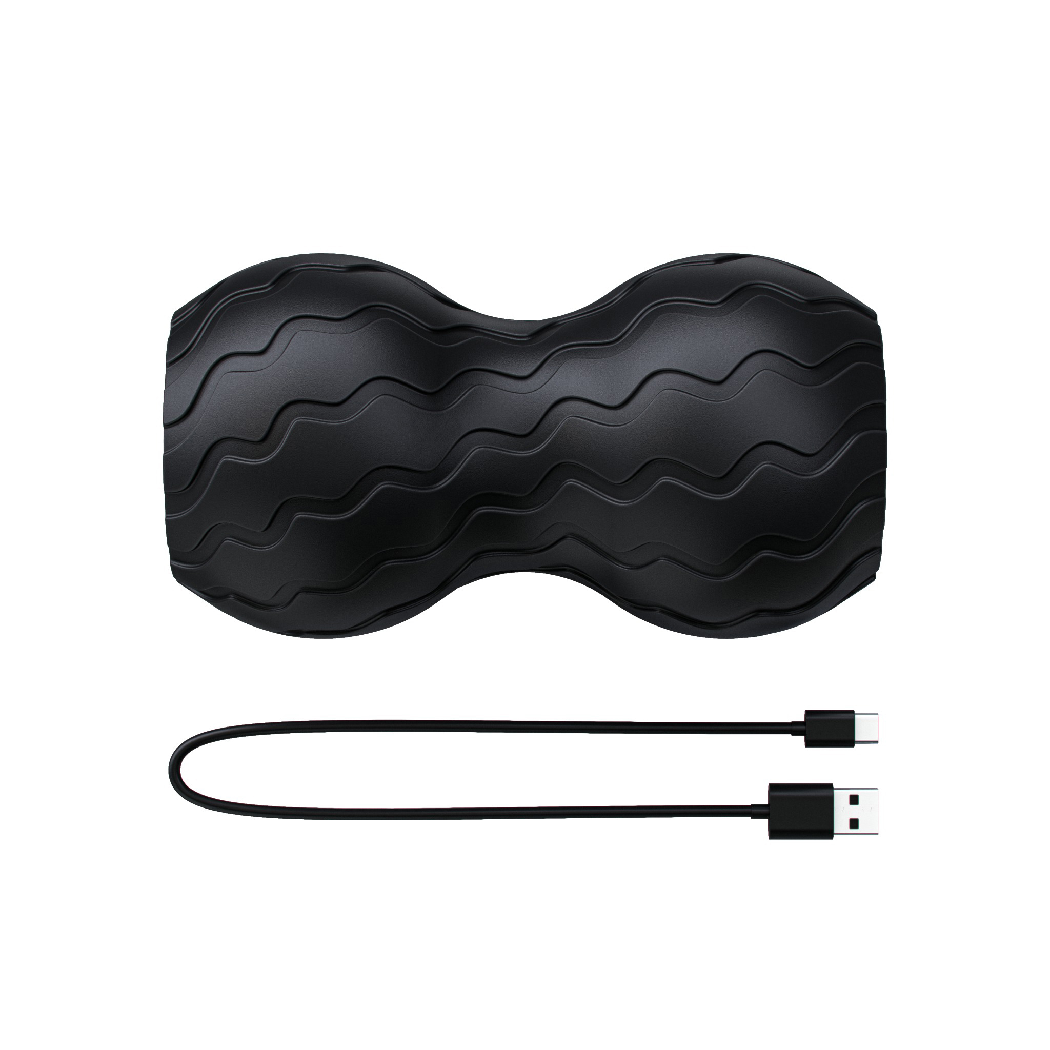 Schwarze Faszienrolle mit USB-Ladekabel.