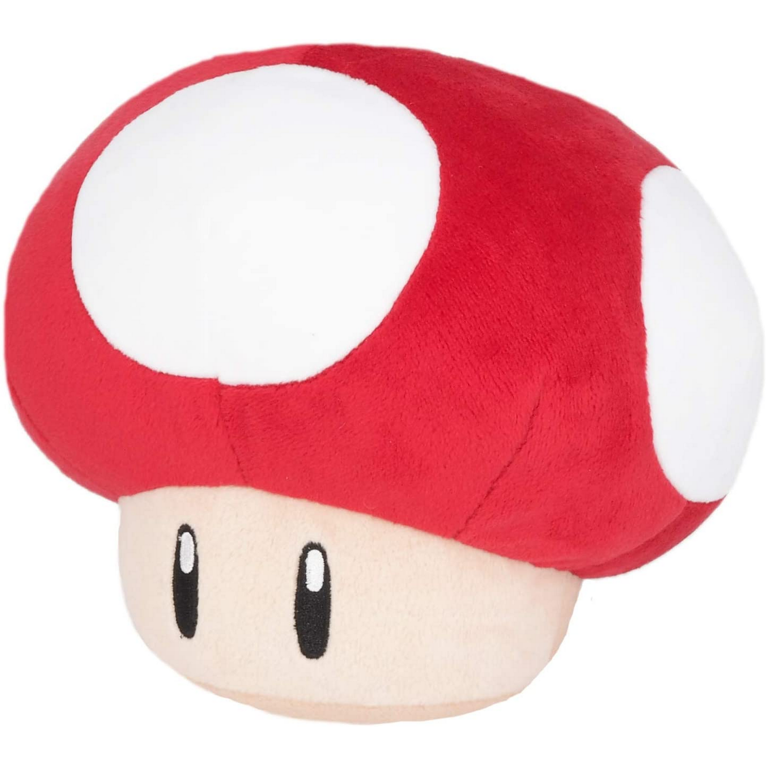 Un peluche rojo con forma de hongo con puntos blancos, ojos negros y un tallo beige.