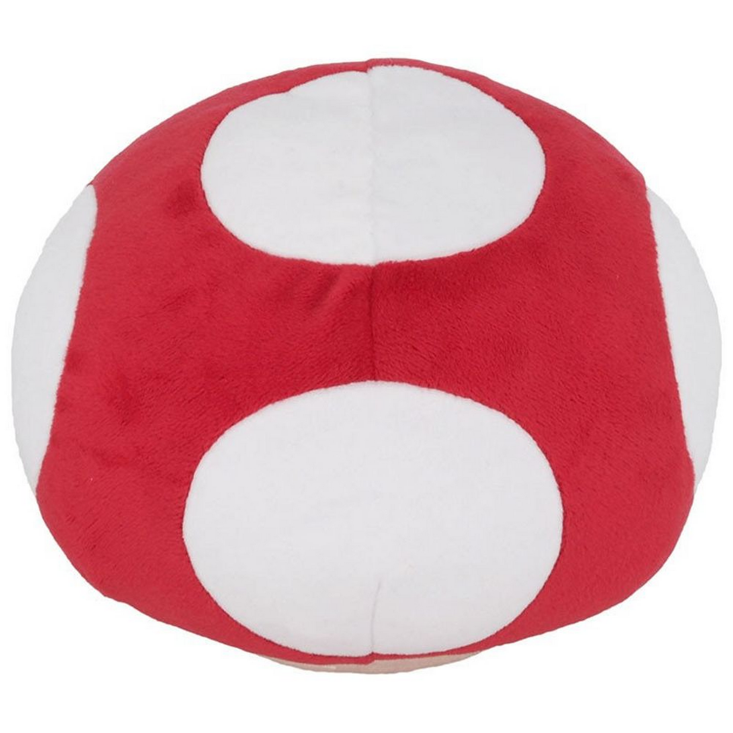 Peluche de seta roja y blanca. La seta tiene manchas blancas sobre fondo rojo.