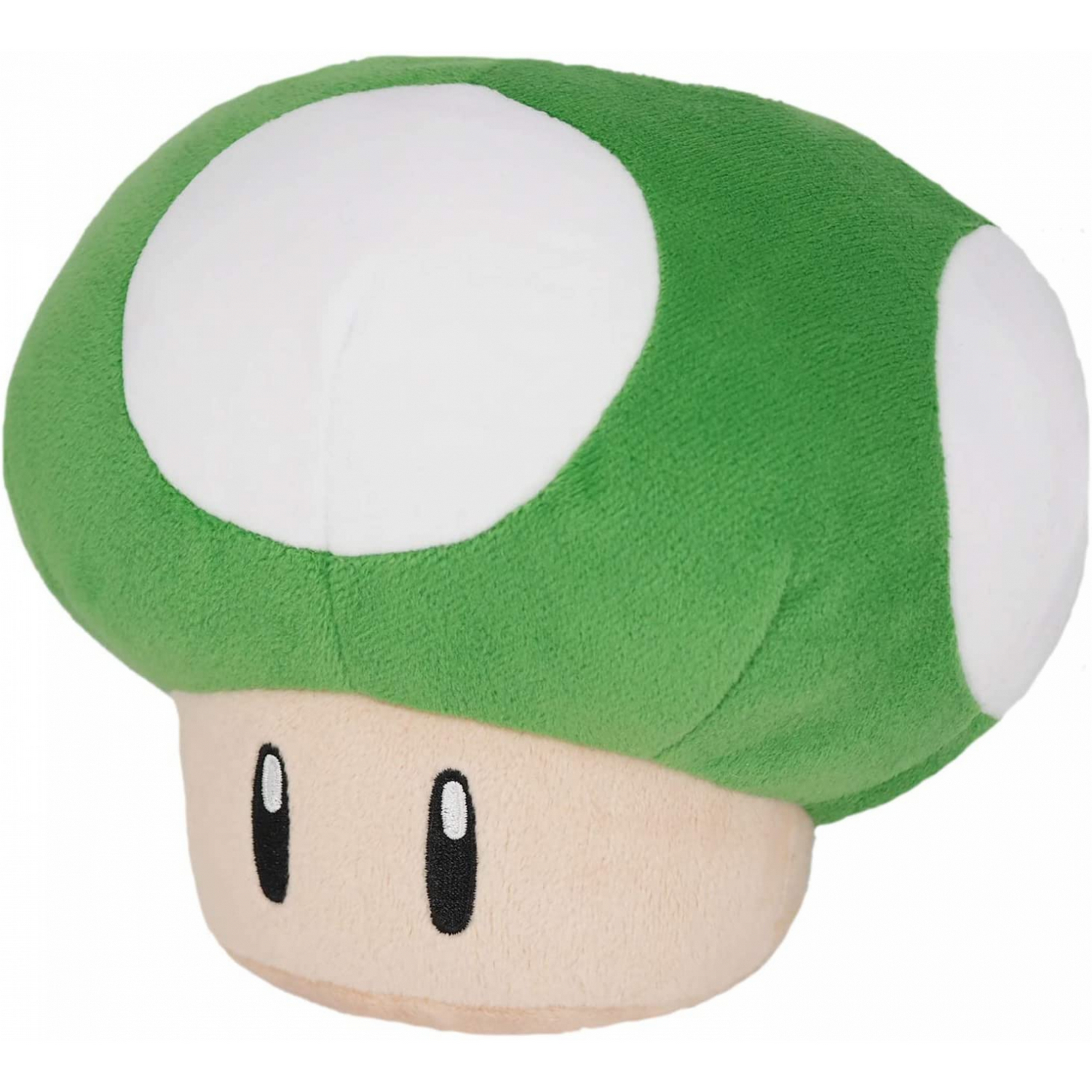 Juguete de peluche de hongo verde con manchas blancas y base beige.
