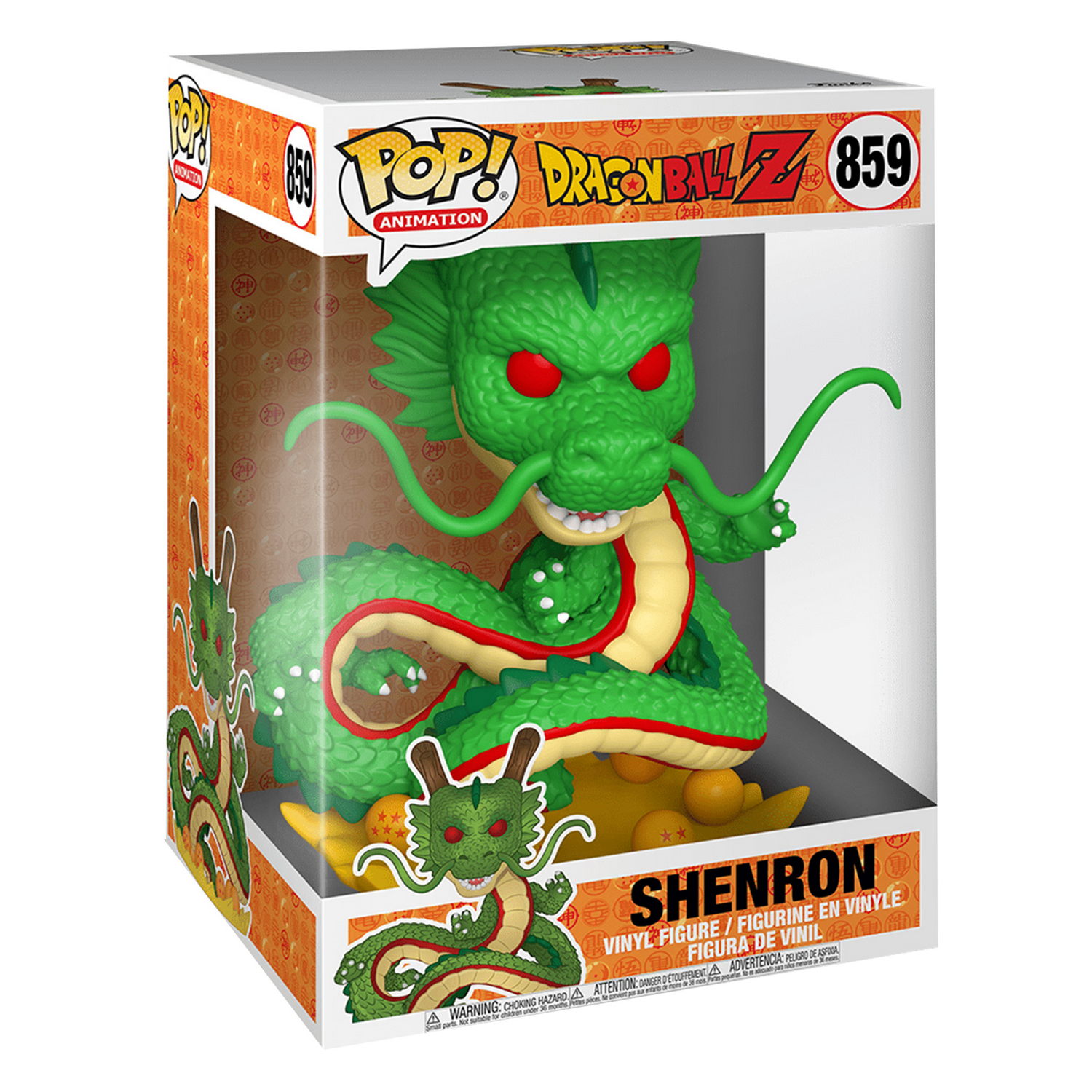 Una figura Funko Pop de Shenron de Dragonball Z en una caja. La figura es verde con ojos rojos y base amarilla.