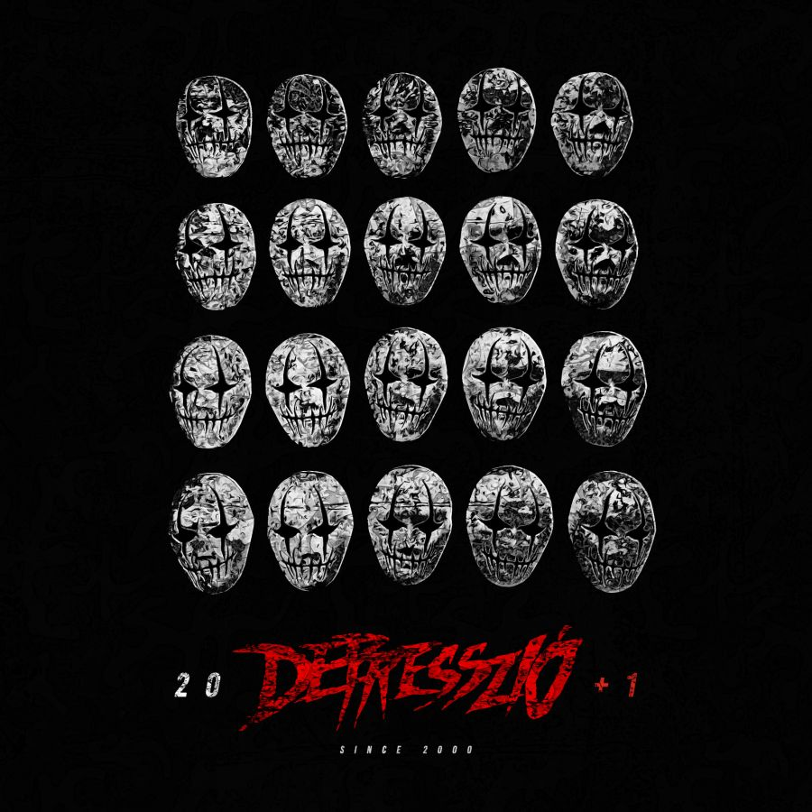 Album borító: Több koponya maszk piros "Depresszió +1" szöveggel. Fekete háttér, fehér és piros részletek.