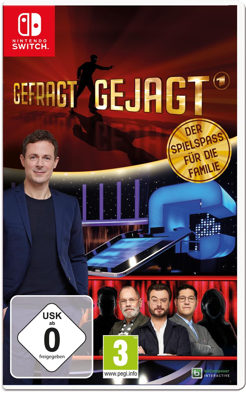 Spielbox mit Mann und Titel „GEFRAGT GEJAGT“. Der Hintergrund ist ein Spielshow-Set.