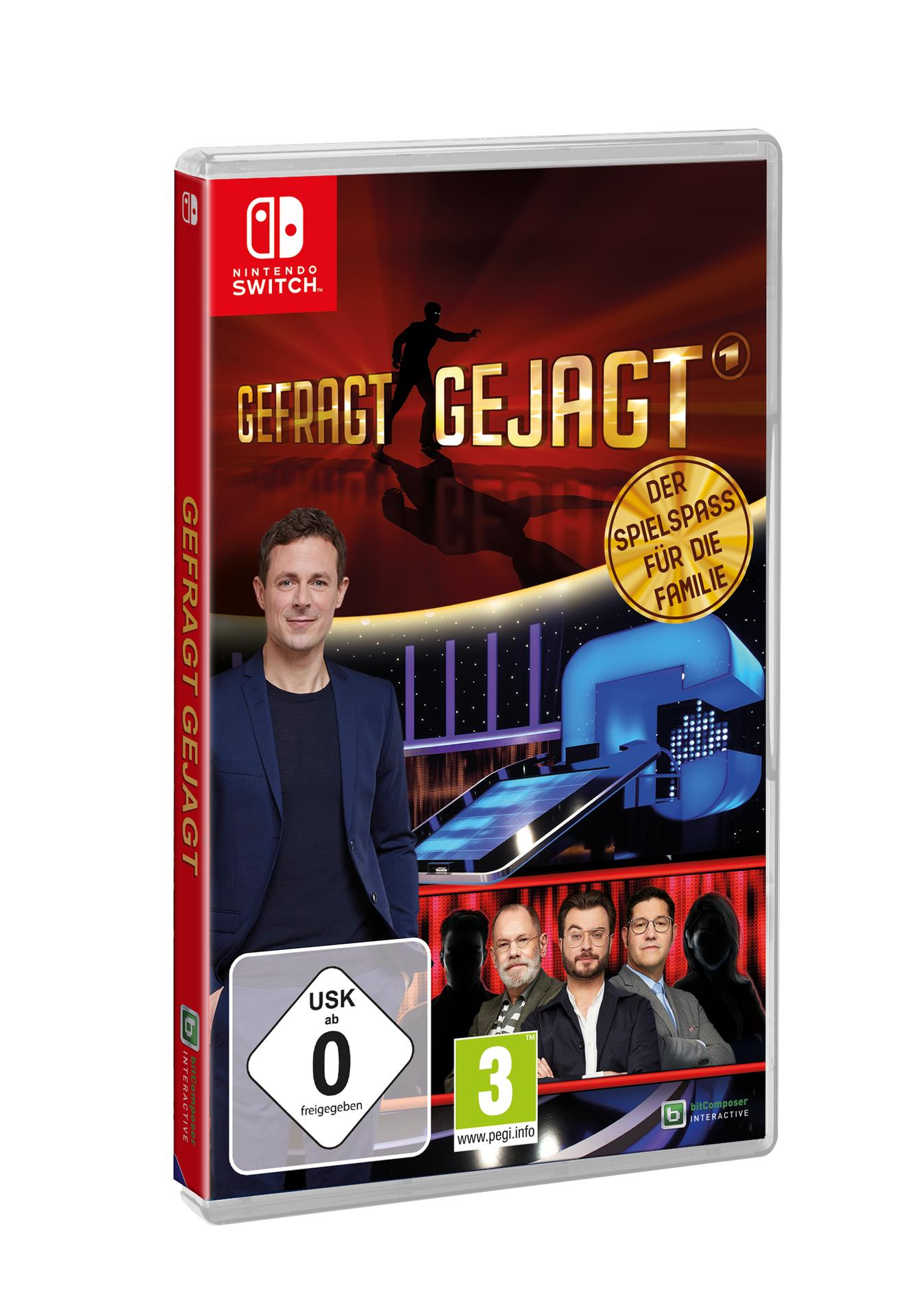 Nintendo Switch Spielhülle für 'Gefragt Gejagt'. Das Cover zeigt einen Mann, mit Spieltitel und Bewertungsetiketten.