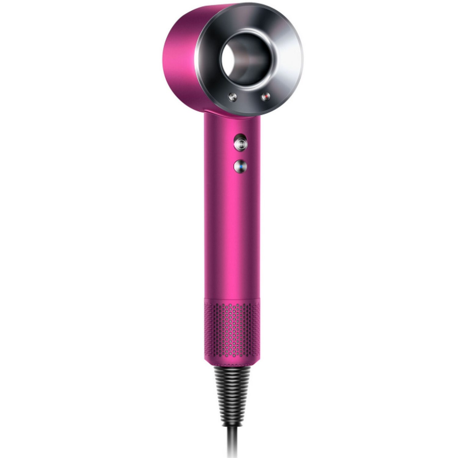 Un secador de pelo Dyson rosa. El secador tiene un mango largo y una cabeza en forma de anillo.