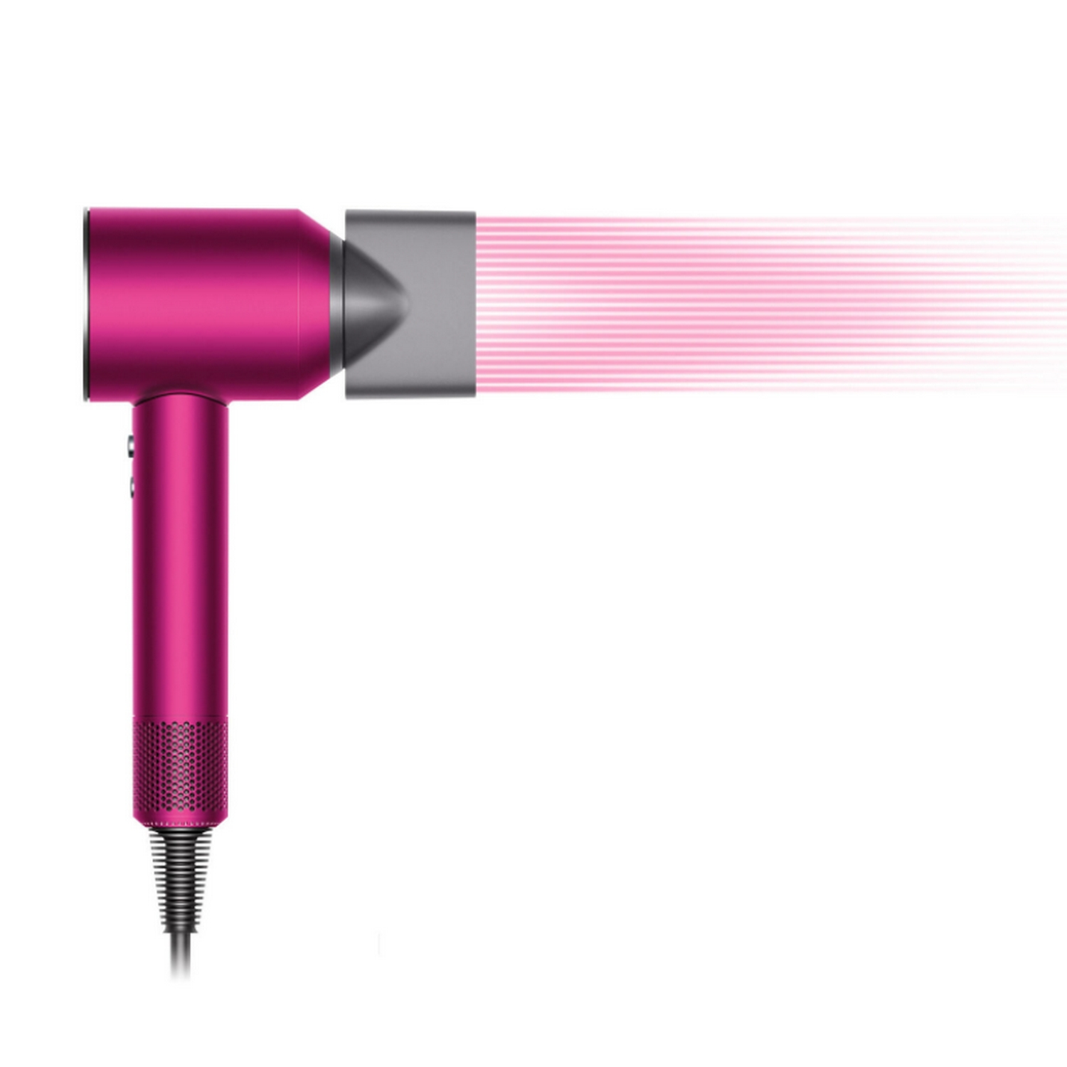 Secador de pelo rosa con boquilla plateada, soplando aire hacia la derecha.