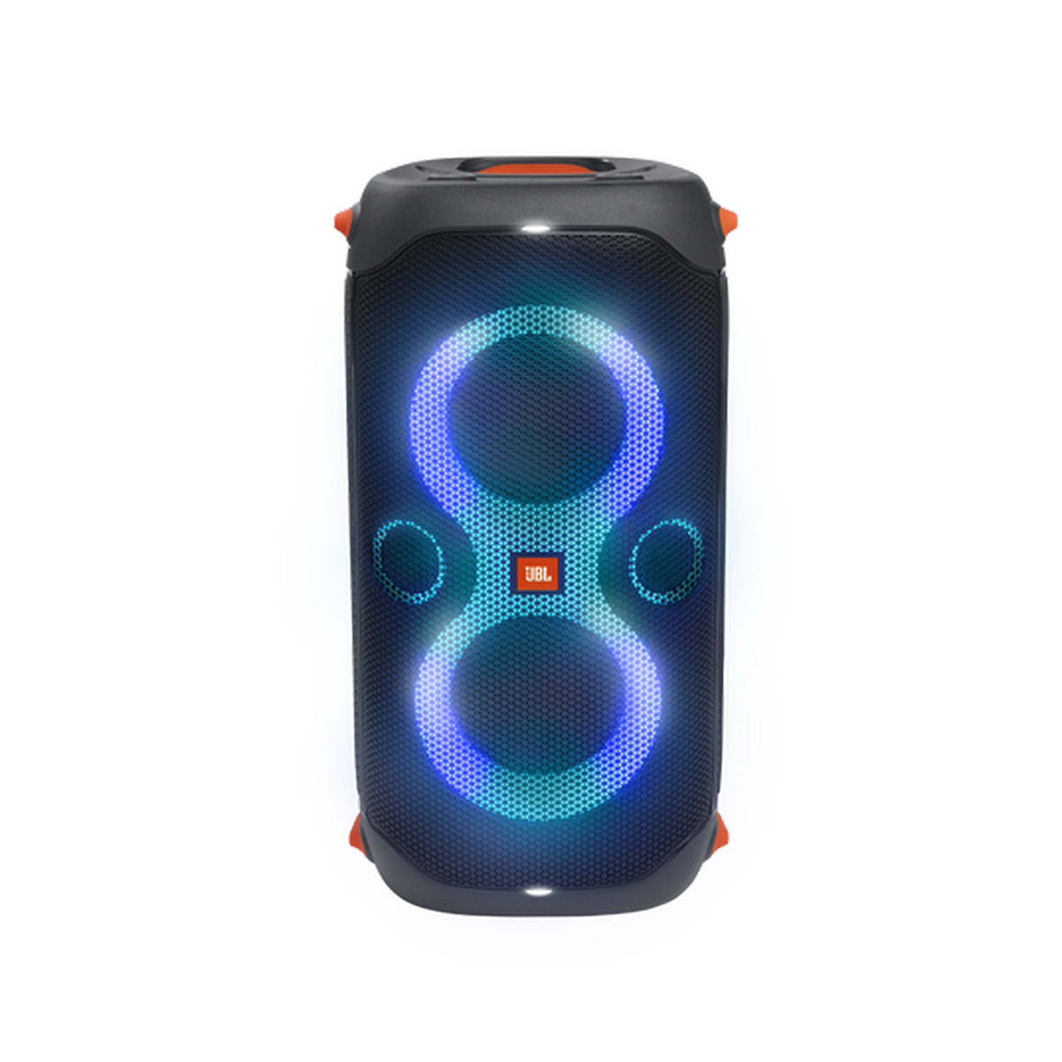 Un altavoz JBL negro con luces y un fondo negro.