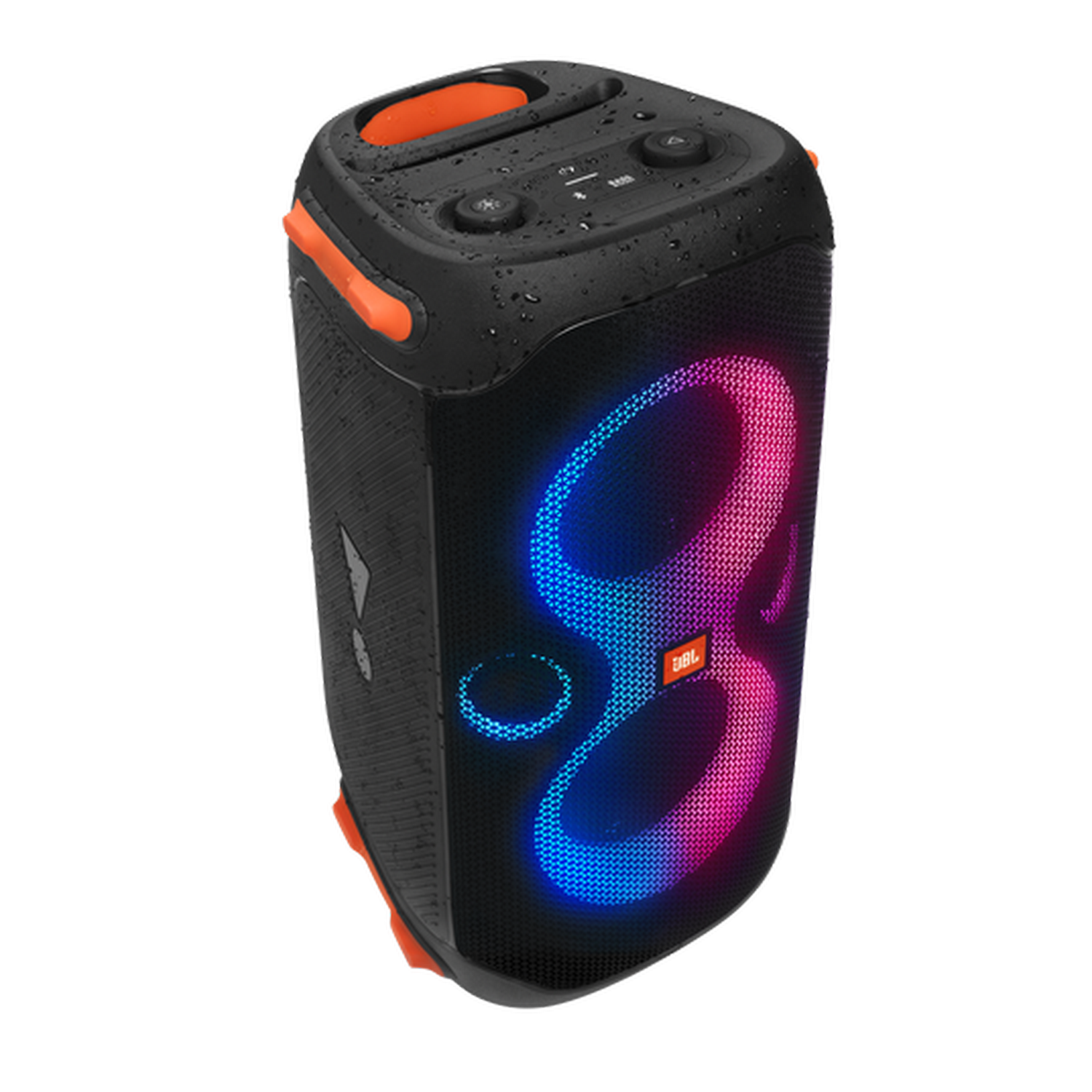 Altavoz JBL negro con detalles naranjas. Presenta patrones iluminados azules y rosas en el frente. Sobre un fondo gris.