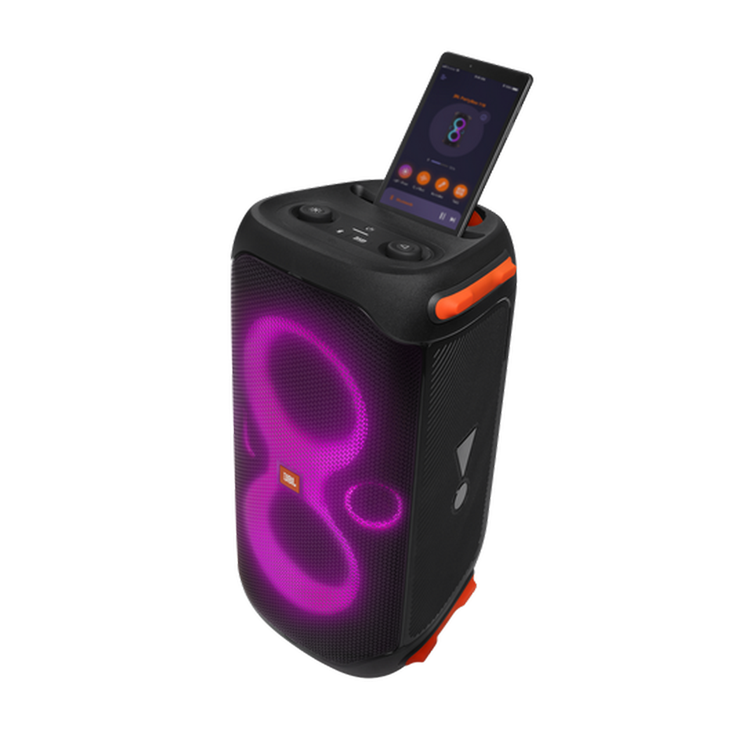 Altavoz negro con una tableta que muestra una interfaz de música.