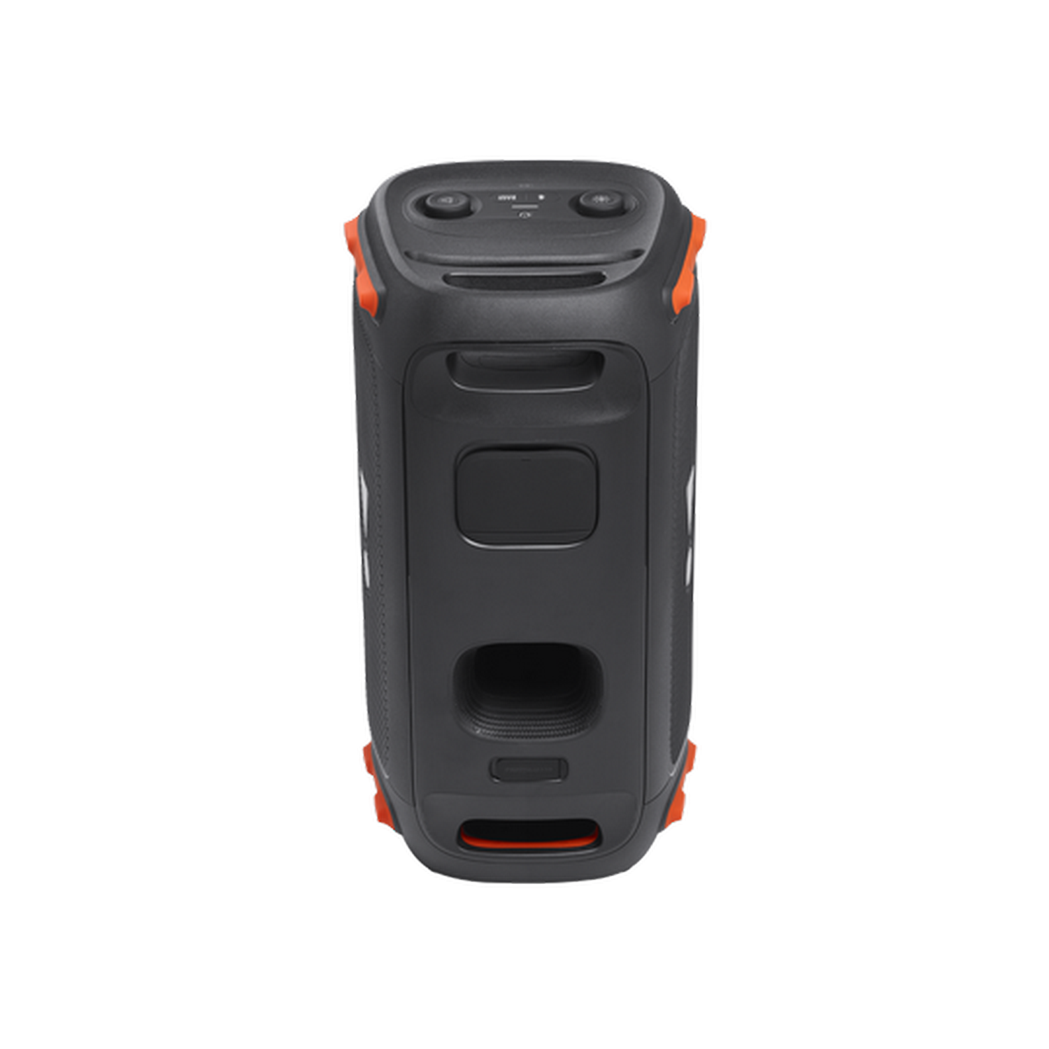 Un altavoz JBL negro con detalles en naranja, visto desde arriba, con un fondo negro.
