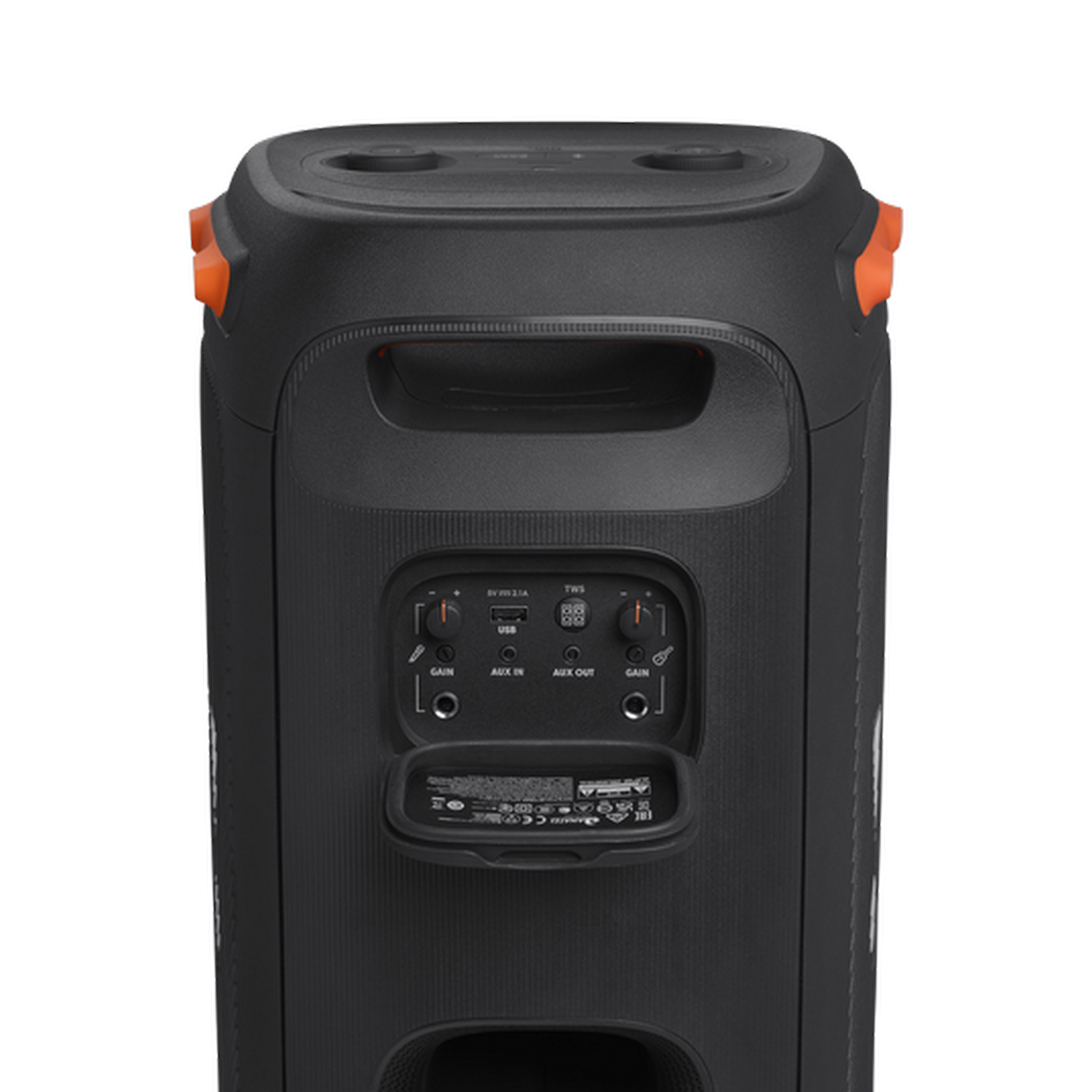 Altavoz JBL negro con detalles naranjas. Tiene un panel de control en la parte trasera con puertos USB y AUX.