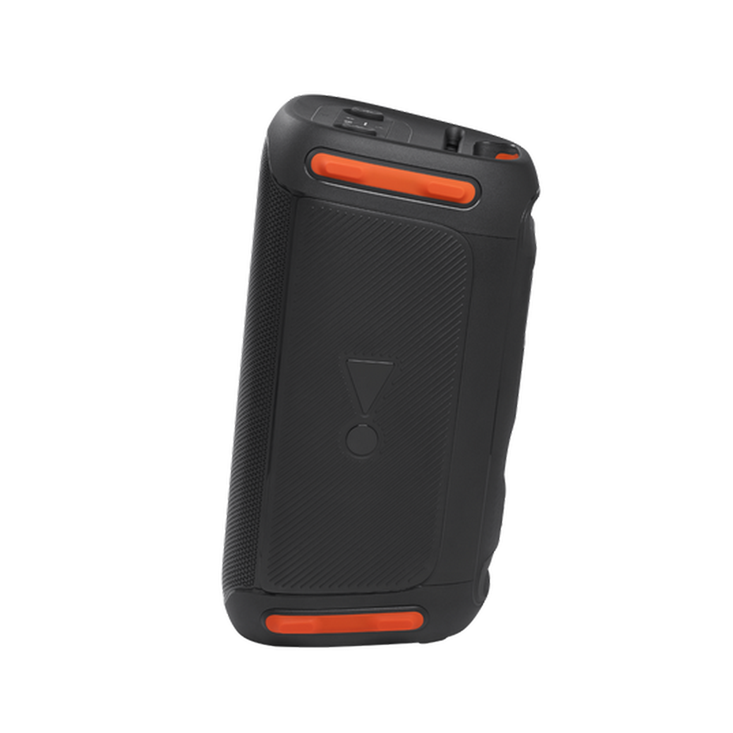 Altavoz JBL negro con detalles naranjas, vista en ángulo.