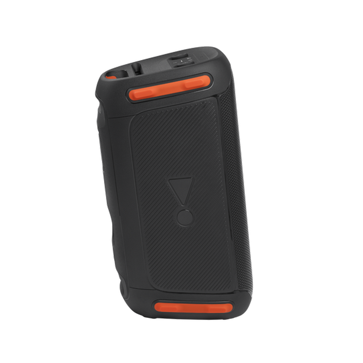 Un altavoz JBL negro, naranja con superficie texturizada sobre fondo negro. Está en ángulo.
