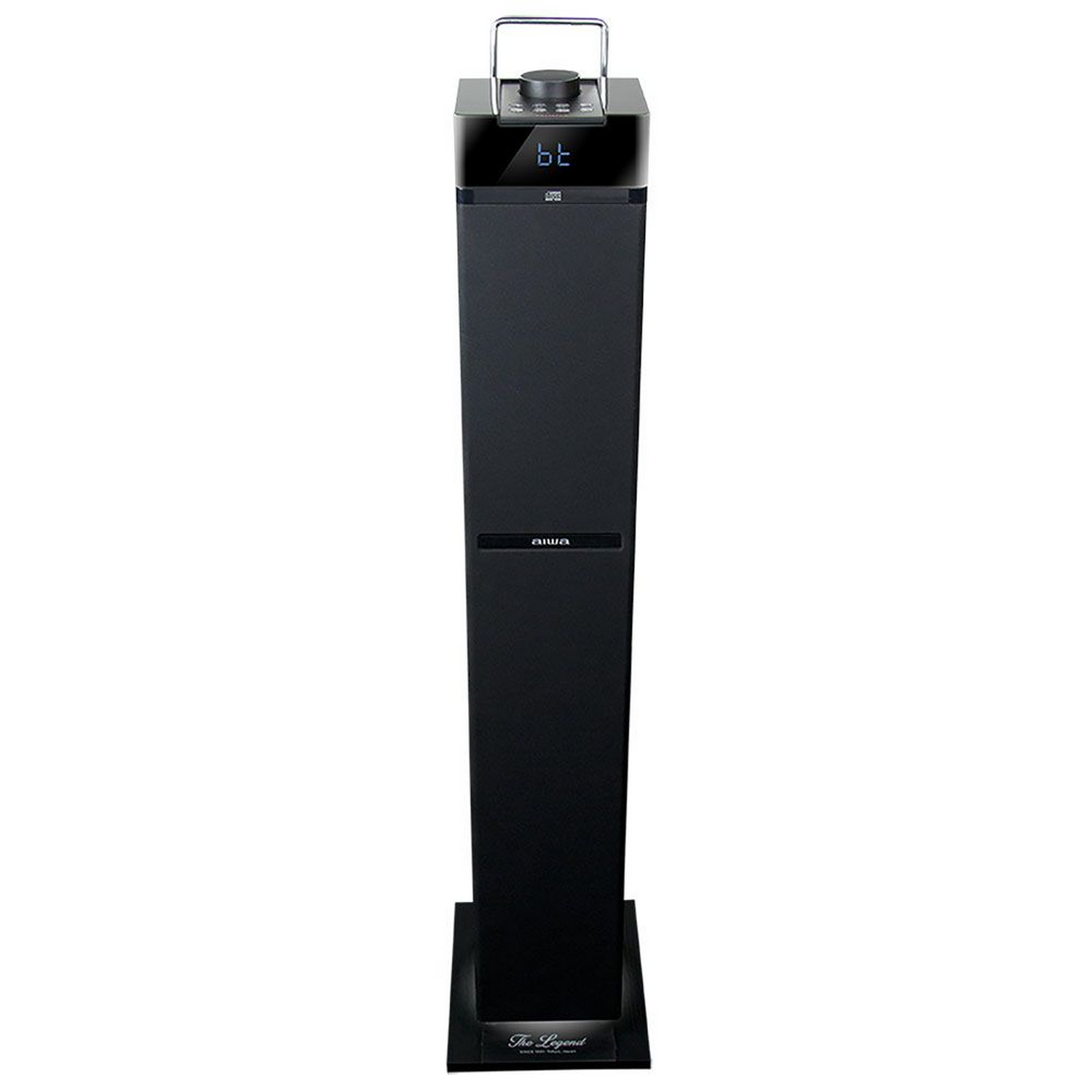 Un altavoz Aiwa negro y alto con una pantalla digital en la parte superior, un asa y el nombre de la marca en el frente.