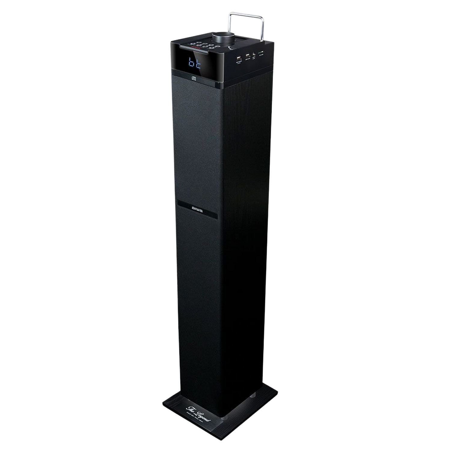 Altavoz negro alto con panel de control arriba y asa, de pie sobre una superficie negra.