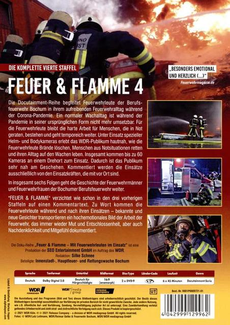 DVD-Hülle für Feuer & Flamme 4, mit Bildern von Feuerwehrleuten.
