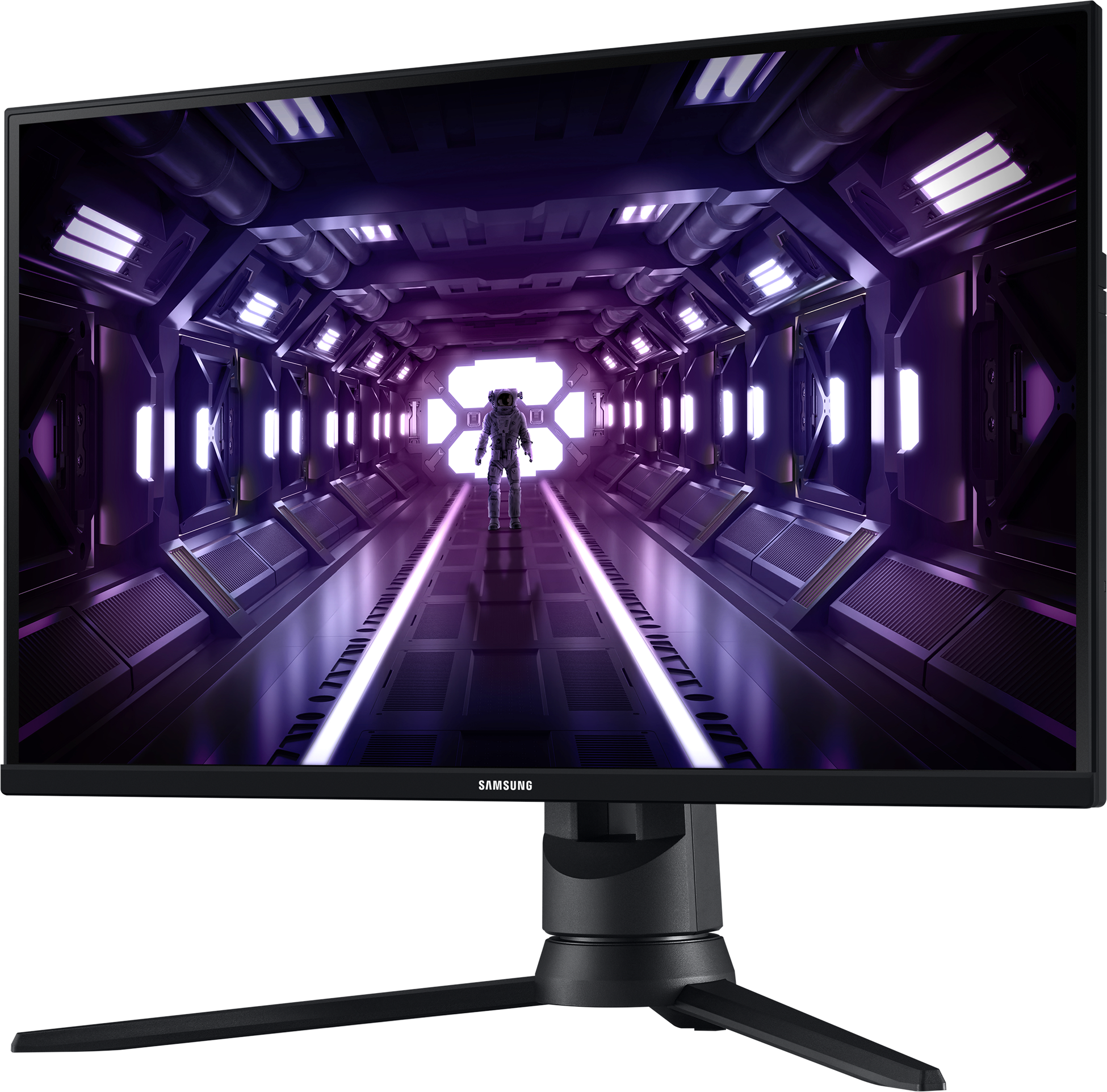 Moniteur Samsung affichant une scène de science-fiction futuriste avec une silhouette marchant dans un couloir éclairé.