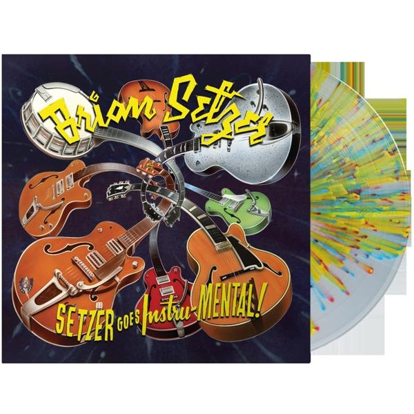 Hanglemez borító gitárokkal. Setzer Goes InstruMENTAL! felirattal. Egy bakelit lemez látható.