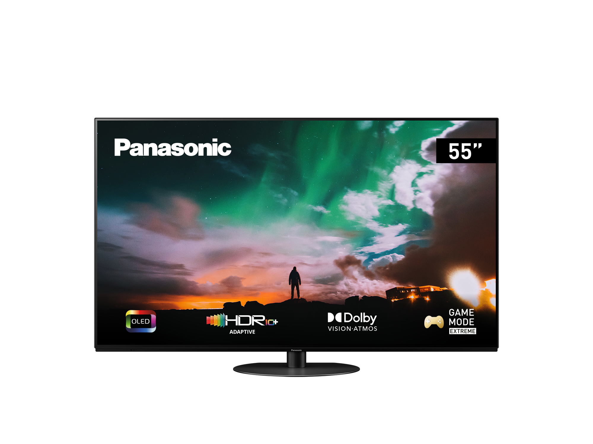 Ein Panasonic 55" OLED-TV mit Landschaftsszene und verschiedenen Funktionslogos auf schwarzem Grund.