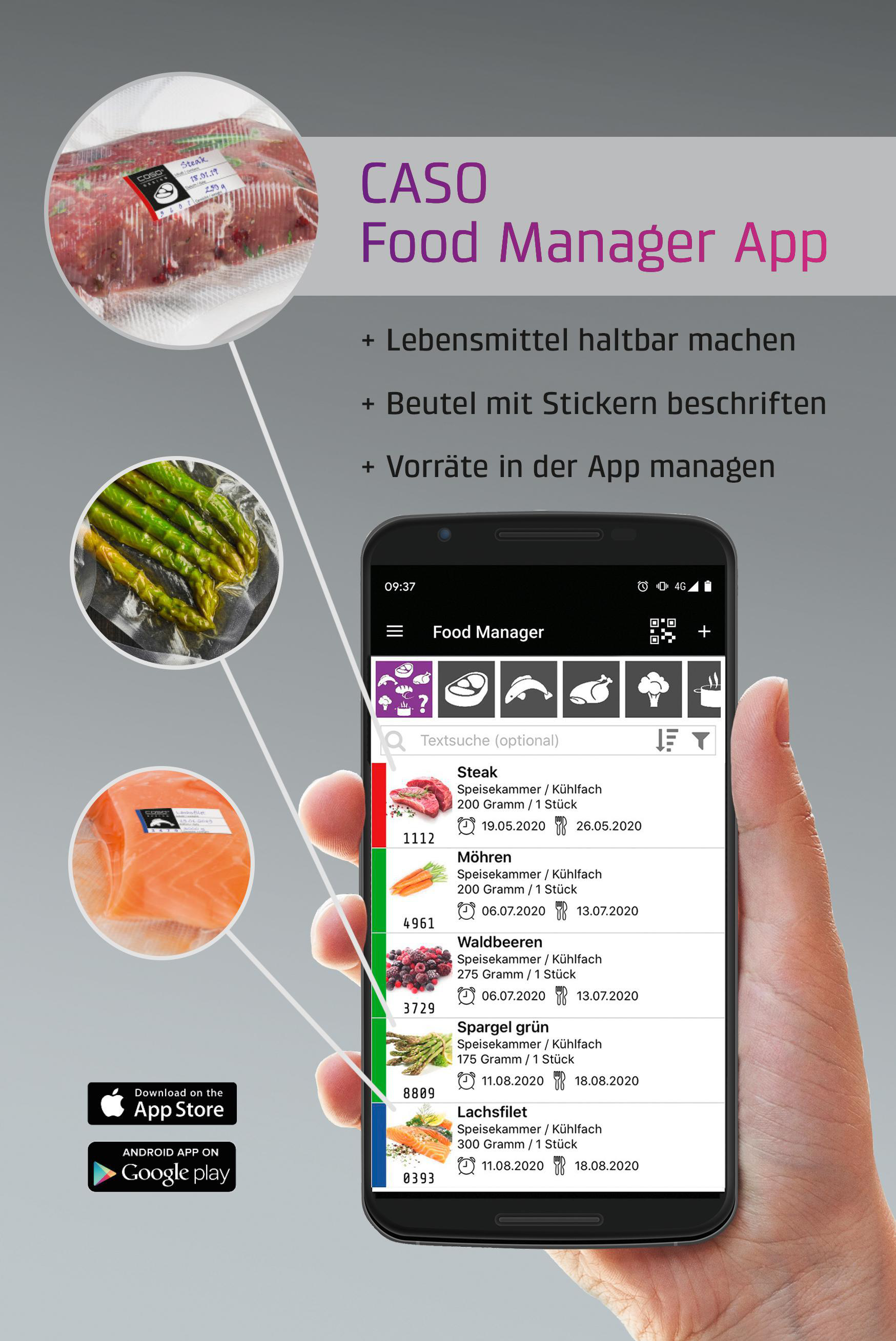 Ein Telefonbildschirm mit der CASO Food Manager App. Die App zeigt Lebensmitteldaten.