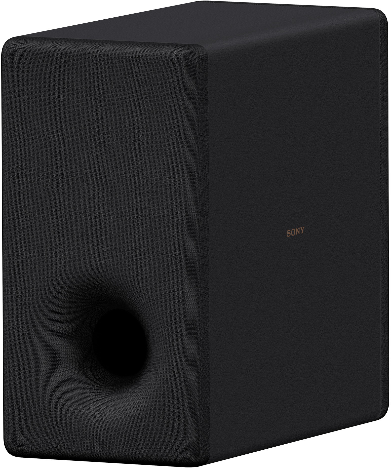 Un haut-parleur de caisson de basses Sony rectangulaire noir avec un port à l'avant, sur fond blanc.