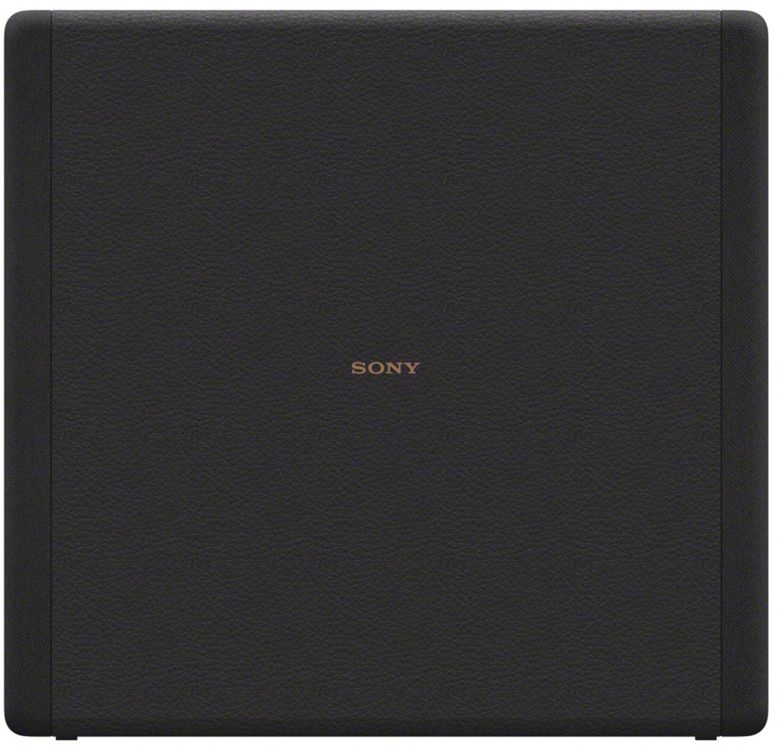 Une boîte sombre et texturée avec le logo SONY, probablement un haut-parleur ou un appareil audio.