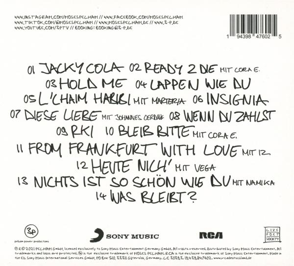 Rückseite eines CD-Covers mit Trackliste, Künstlernamen und Logos auf weißem Hintergrund.