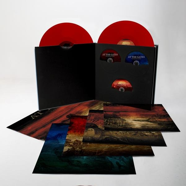 Vinyl-Schallplatten-Set mit roten Platten und Artwork, einschließlich diverser Einlagen.