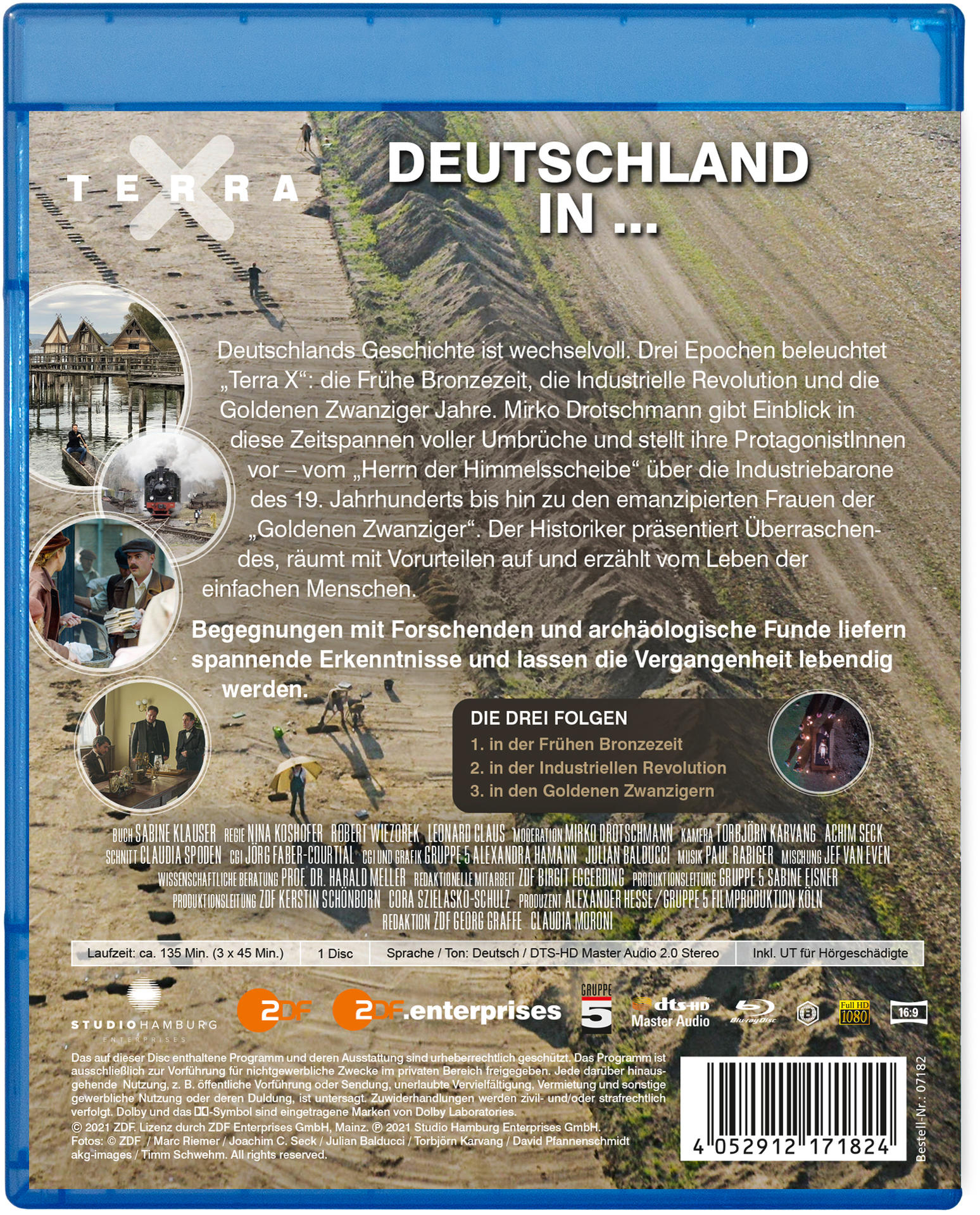Rückseite einer blauen DVD-Hülle mit Text und Bildern zur deutschen Geschichte und historischen Figuren.