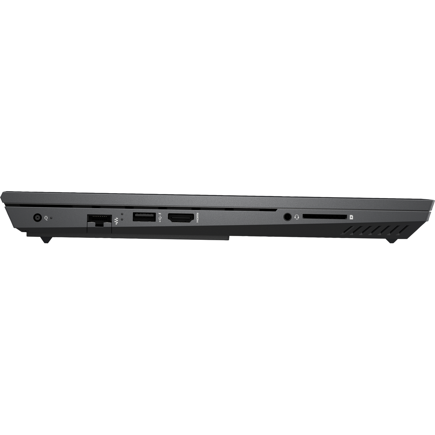 Vista lateral de la laptop, mostrando puertos: USB, HDMI, conector de audio y lector de tarjetas. Laptop negra.