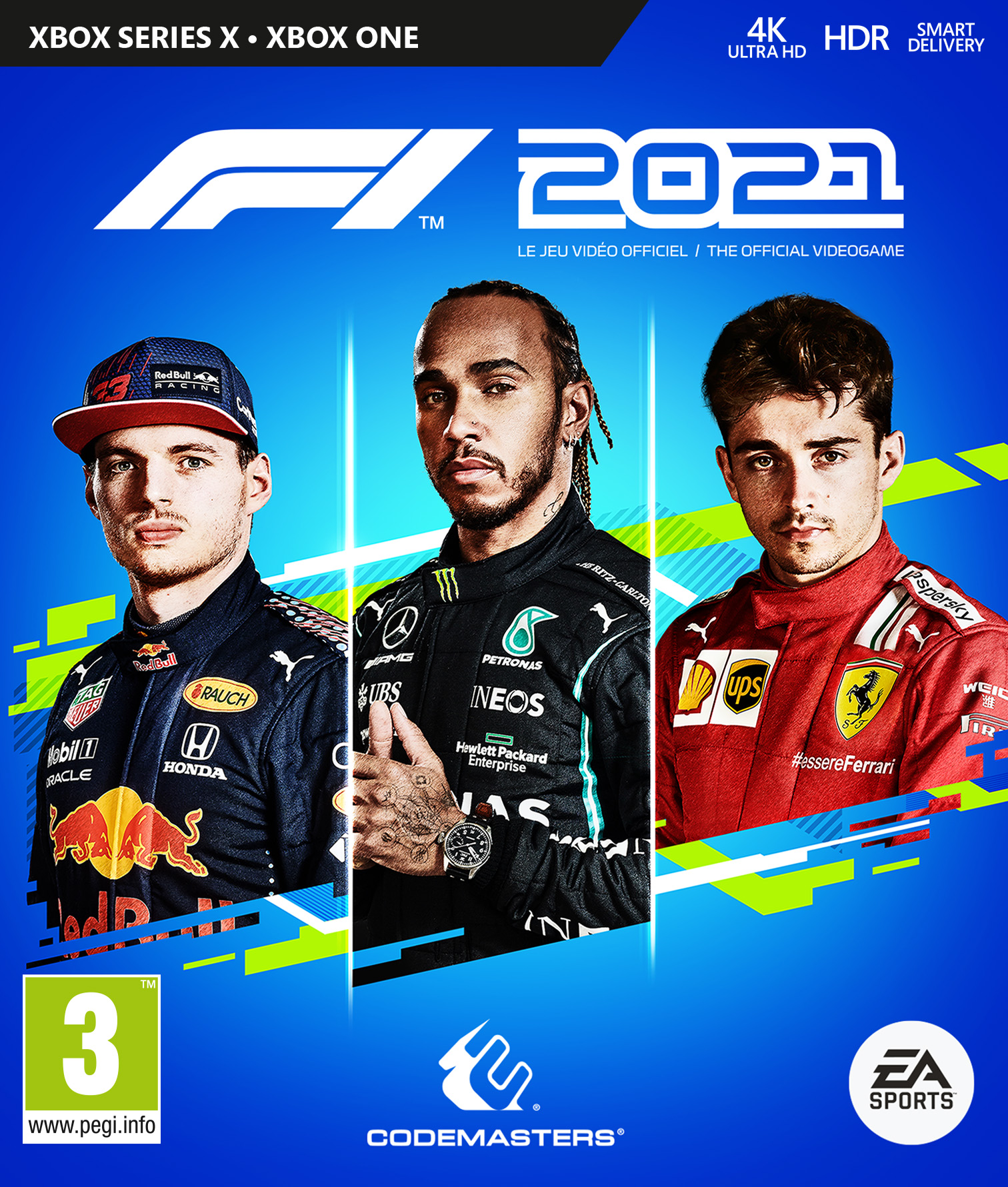 F1 2021 game cover met drie racers op een blauwe achtergrond.