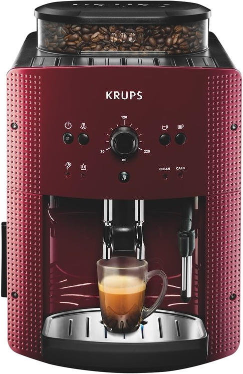 Egy piros Krups eszpresszó gép egy csésze kávéval és babtartállyal.