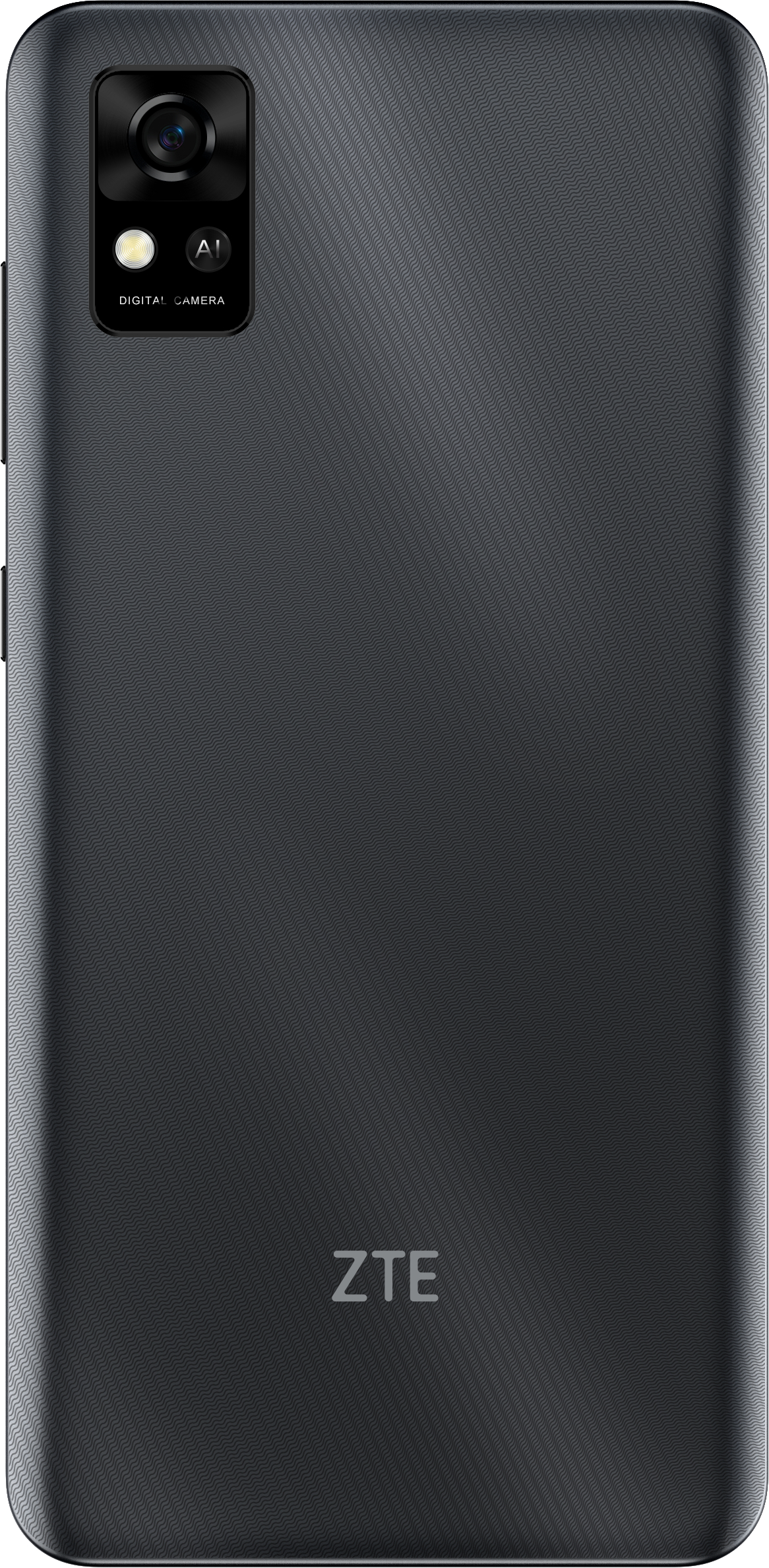 Die Rückseite eines schwarzen ZTE-Smartphones mit vertikalem Kameramodul. Das ZTE-Logo ist sichtbar.