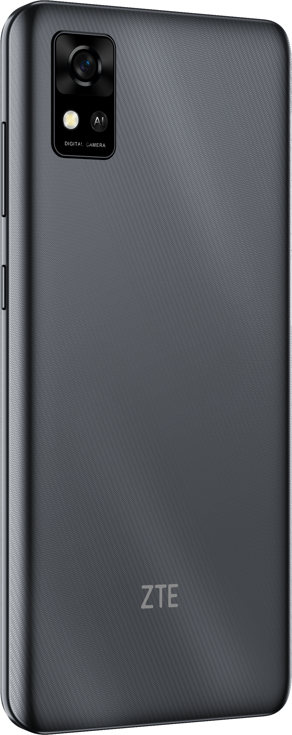 Rückansicht eines grauen ZTE-Smartphones mit Kamera, Blitz und AI-Logo.