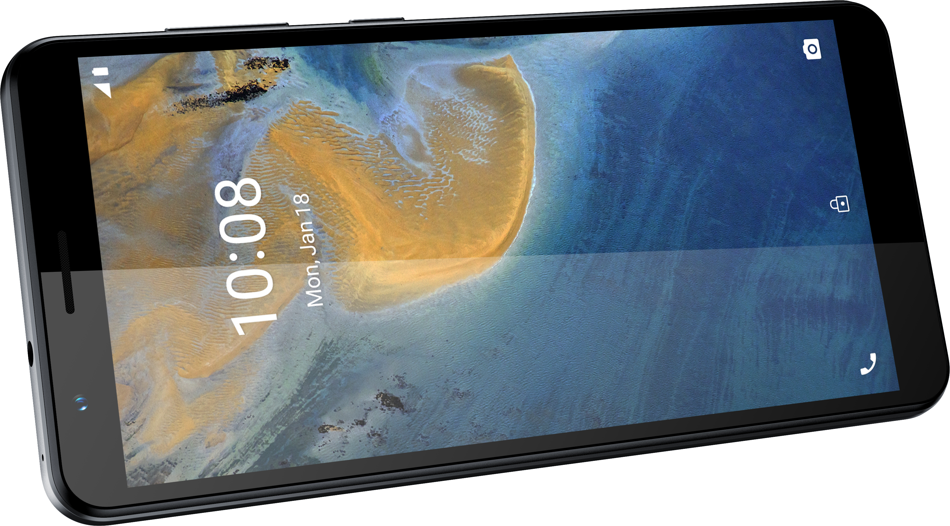 Ein schwarzes Smartphone, das die Uhrzeit und das Datum auf einem Landschaftsbild eines Strandes anzeigt.